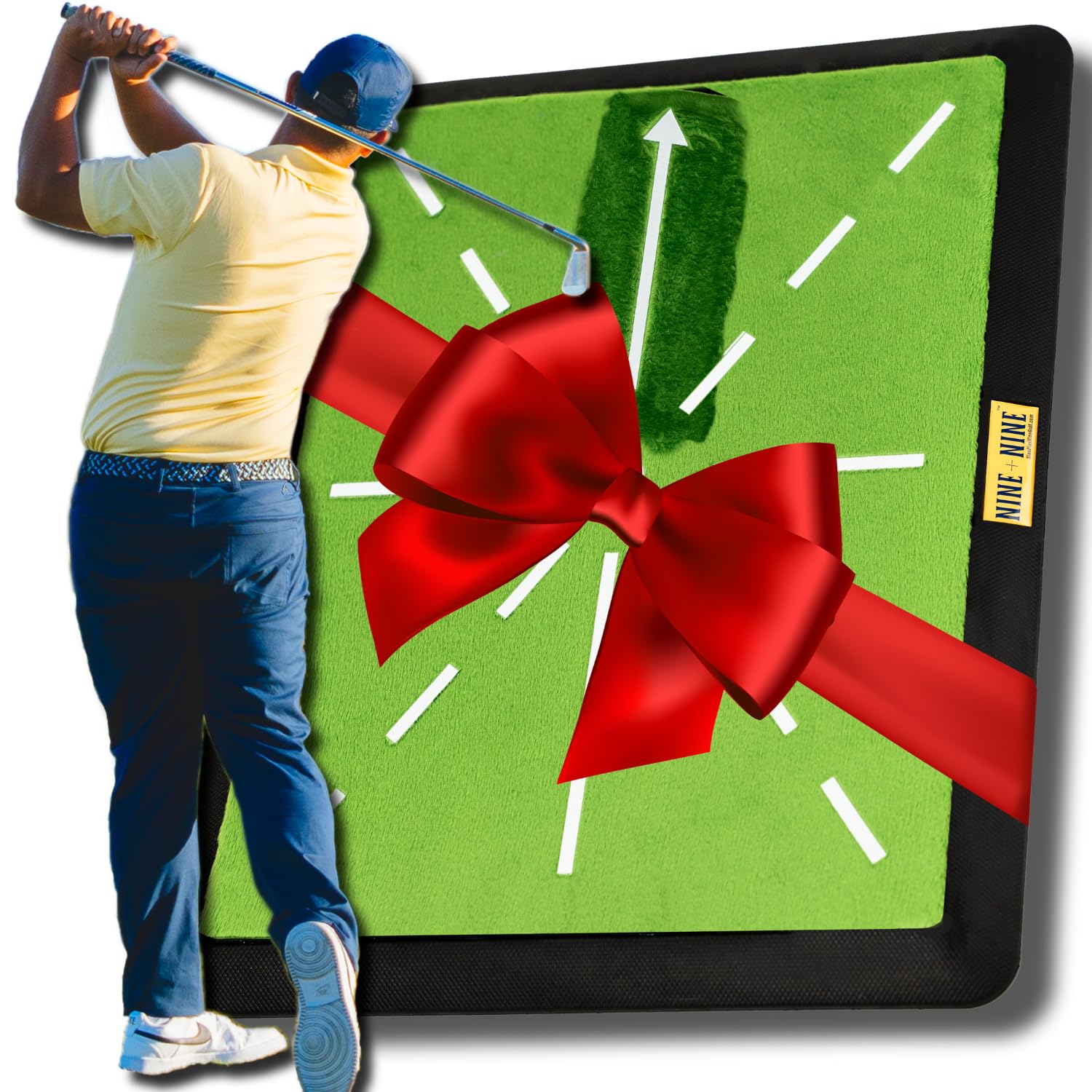 NINE + NINE Golf Gifts for Men/Women - Golf Practice Mat and Hitting Mat - Premium Swing Training Mat for Path Detection - Golf Accessories Men and Women, Large 16"x12" with Replaceable Mat