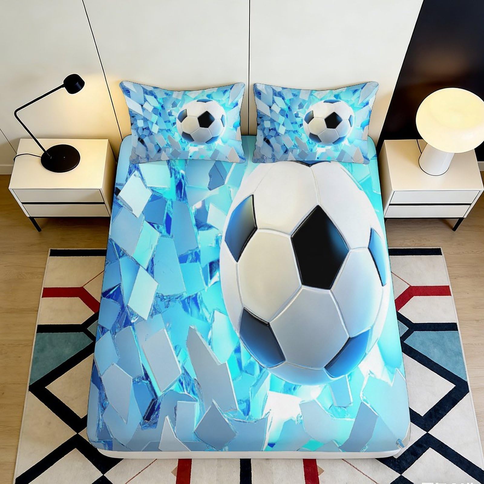 3D Printed Blue Soccer Ball Fitted Sheet Microfiber Soft Mattress Cover for Bedroom Dorm Home Decor Easy Care 90x200x25cm