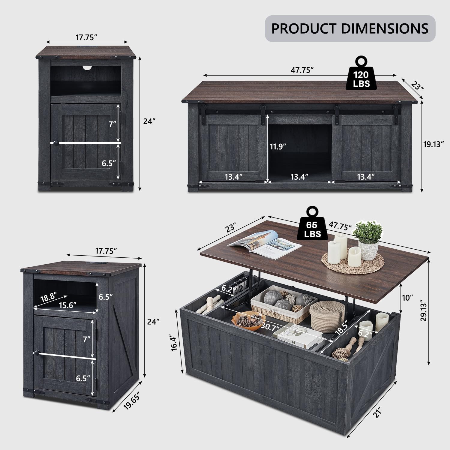 IFGET Farmhouse Furniture Set of 3, Includes 48" Lift Top Coffee Table with Sliding Groove Barn Door and Double Storage, Two Open 20" Nightstands with Charging Stations& Adjustable Shlef. Dark Grey