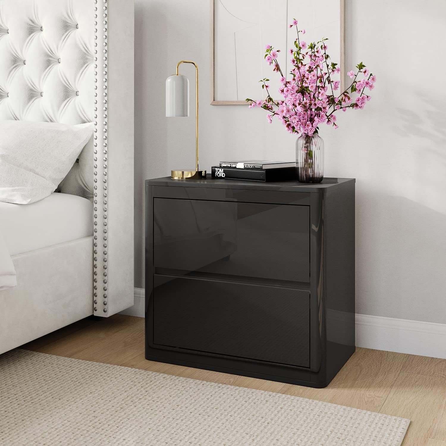 Lexi High Gloss Anthracite Grey 2 Drawer Bedside Table Amazon.co.uk