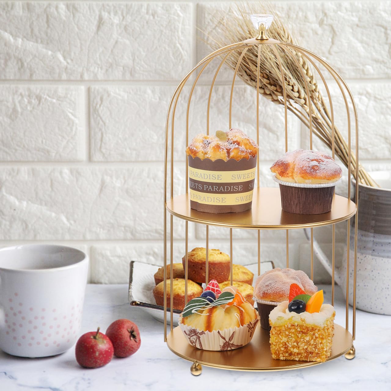 Angoily Soporte de Cupcake de Metal de 2 Niveles Soportes de Pastel Dorado con Jaula de Pájaros en Forma de Exhibición de Frutas de Postre de Fiesta