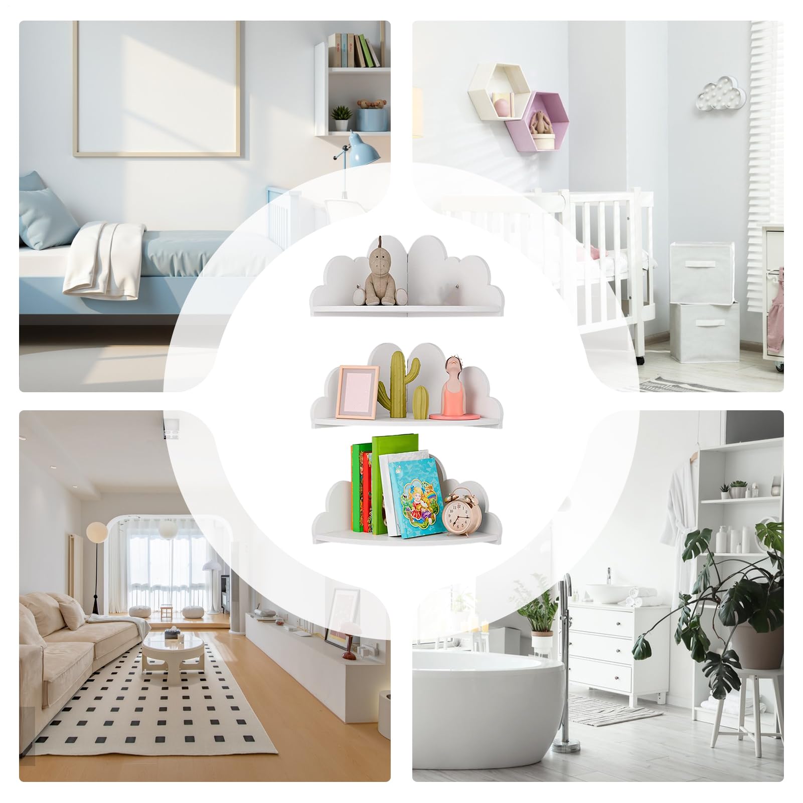 Generisch Schwebende Eckregal Hängend, 3er-Set Niedliche Wolkenregale Aus Holz, Weiße Wolken Wandregal Bücherregal Schweberegal Für Wohnzimmer, Babyzimmer, Badezimmer, Büro, Wohnung