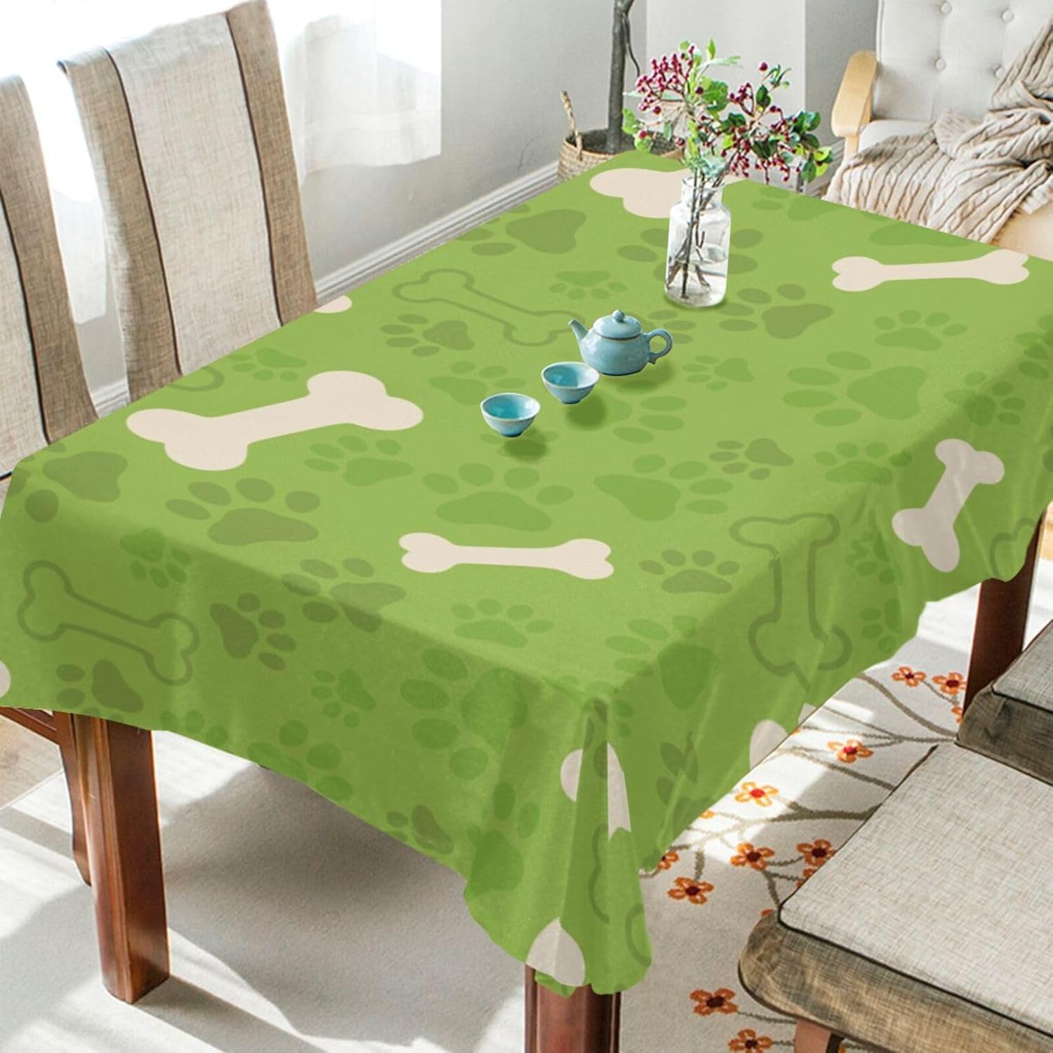 ALAZA Romanti Rectangle Tablecloth Dog Bone Dog Paw Green Table Cloth