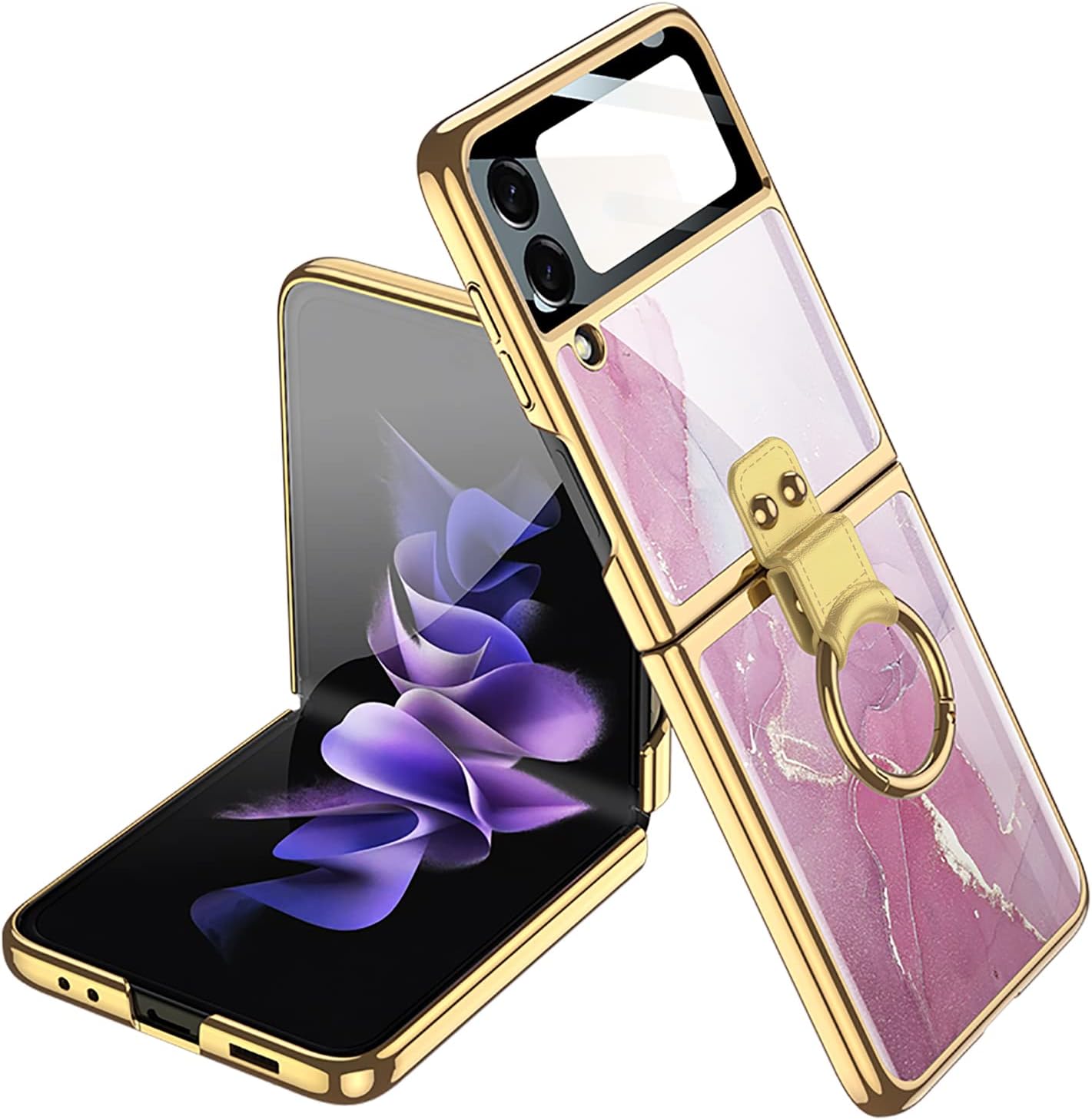 SHIEID Galaxy Z Flip3 Case with Ring Stand - Ultra-Thin, Shockproof Protective Cover with Built-in Small Screen Protector for Galaxy Z Flip3 Phone Case Purple Pink