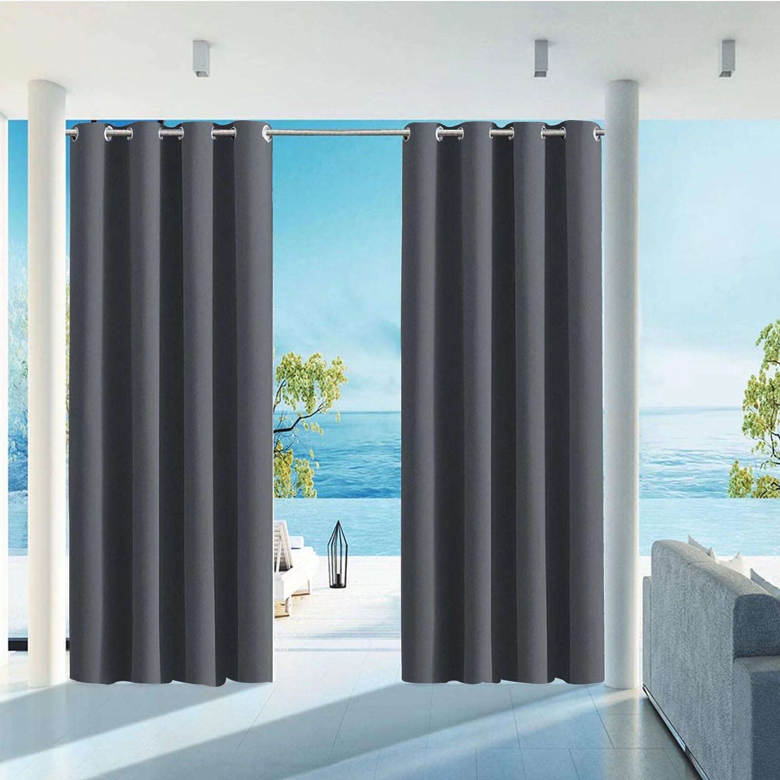 Blickdichte Outdoovorhänge wasserfest Wasserdicht Sonnenschutz Vorhang Balkon Outdoor Vorhang Wetterfest Wasserdicht für Balkon Terrasse Pergola Gardine Dunkelgrau B300xH235cm
