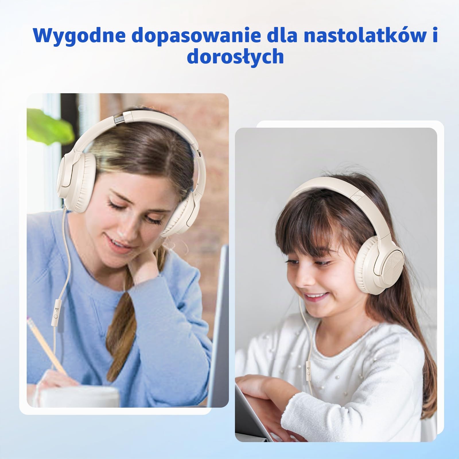 Botesty Sound Przewodowe słuchawki z mikrofonem, słuchawki nauszne przewodowe z nieplączącym się nylonowym przewodem o długości 1,5 m, 3,5 mm, do smartfona, tabletu, komputera, MP3/4 (beżowo-białe)