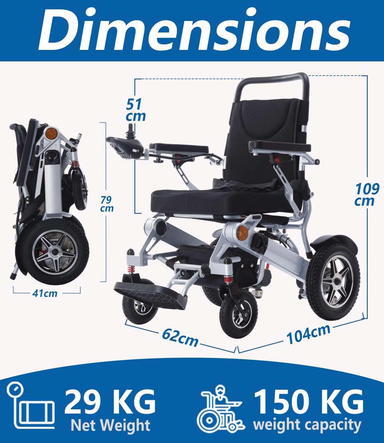Silla de Ruedas eléctrica Ligera para Adultos, Plegable, motorizada, con autonomía de 30 km, soporta hasta 150 kg, portátil y alimentada por batería de Litio.