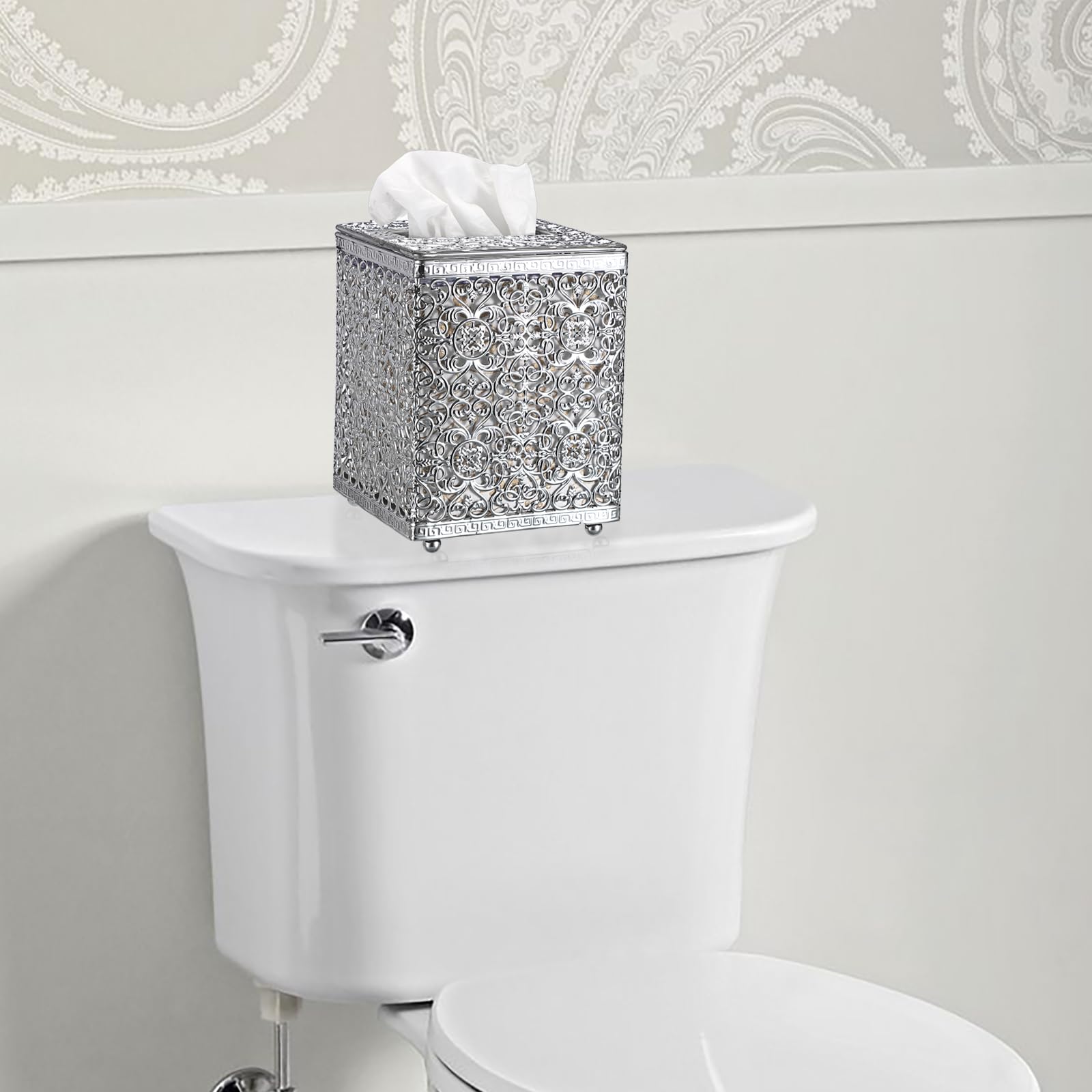 Sumnacon Boîte à mouchoirs carrée avec couvercle, support de boîte à mouchoirs en métal élégant pour salle de bain, toilettes, cuisine, table, bureau à domicile, argent