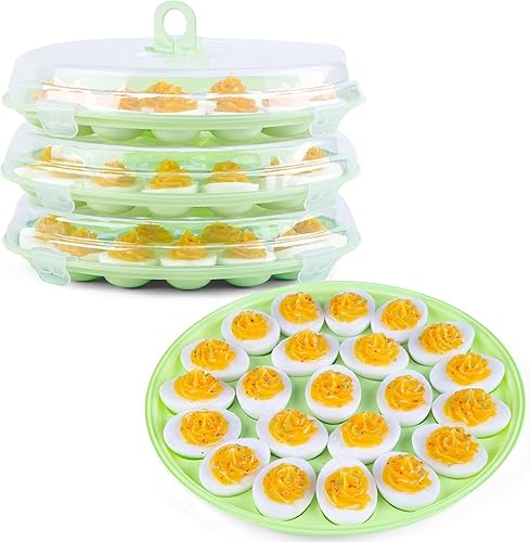 HANSGO - Recipientes para huevos rellenos con tapa, 3 piezas, bandejas portaplatos para huevos rellenos con 66 ranuras para fiestas y cocinas, verde