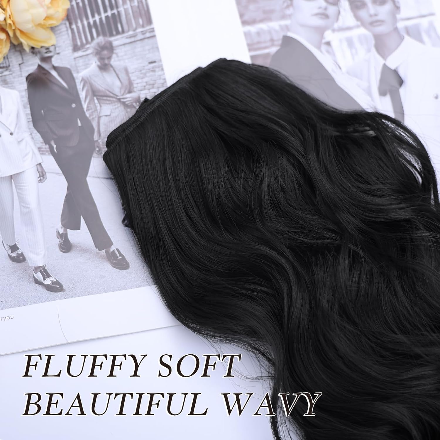 NAYOO Clip in Hair Extensions for Women 24 Inch Long Wavy Curly Black Hair Extension 6PCS Synthetic Hair Extension Hairpieces(Natural Black)