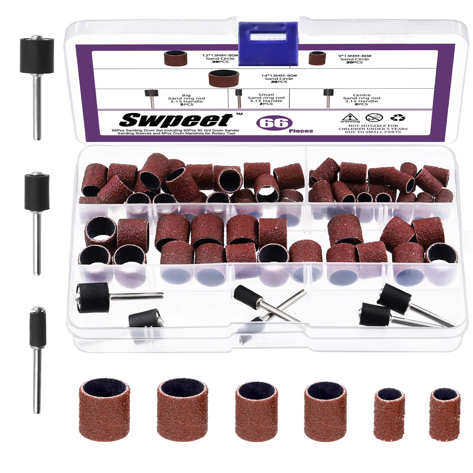 Swpeet 66Pcs 3 Size Sanding Drum Set, 60Pcs 80 Grit Sanding Band Sleeves and 6Pcs Drum Mandrels for Rotary Tool, Sanding Sleeves Sandpaper Kit with Drum Mandrels for Drill Presses and Power Drills