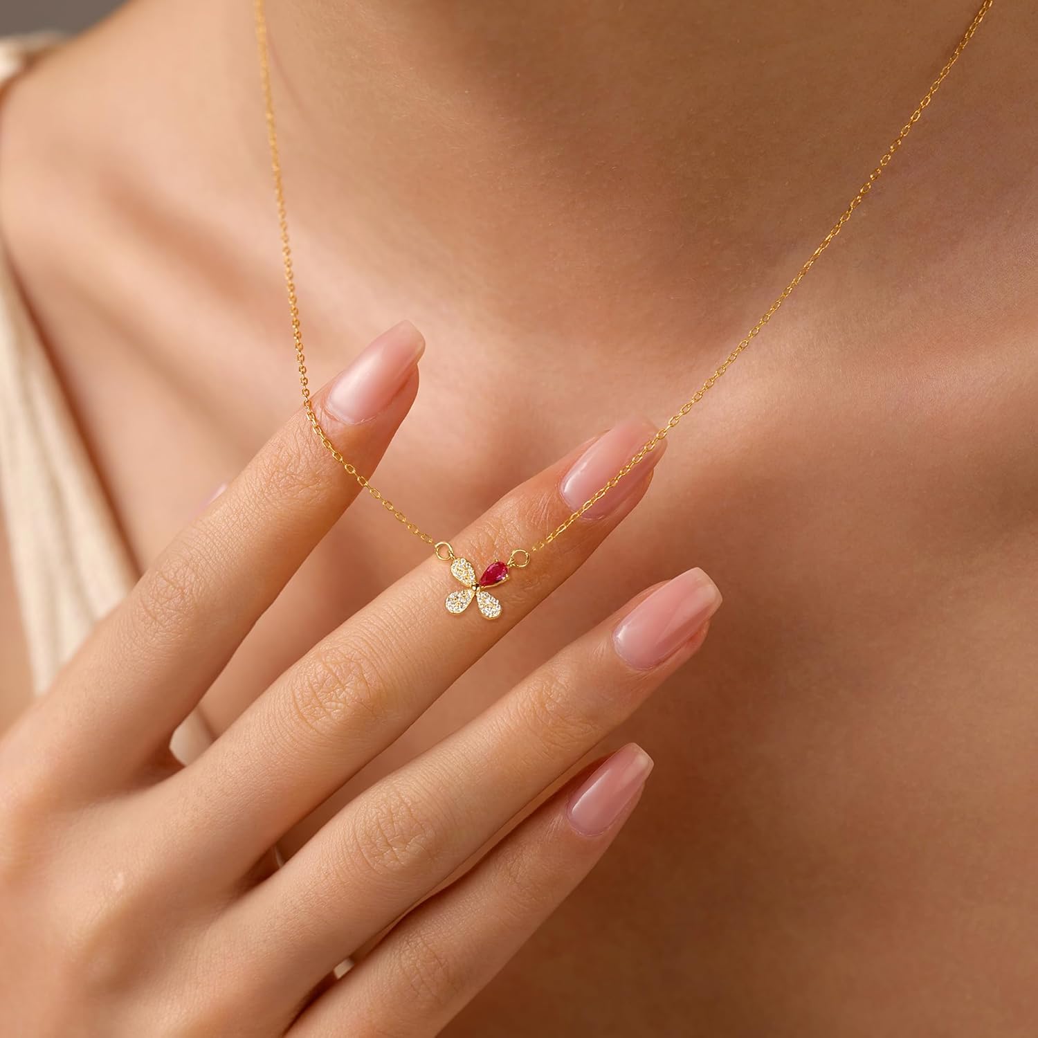 Ruby Clover Necklace for Women, 14K Gold Plated Dainty CZ Lucky Ruby Leaf Choker Necklace to Daughter S925 Sterling Silver Red Crystal Gemstone Birthstone Pendant Necklace for Mother Valentines Day Birthday Jewelry Gifts - Image 4