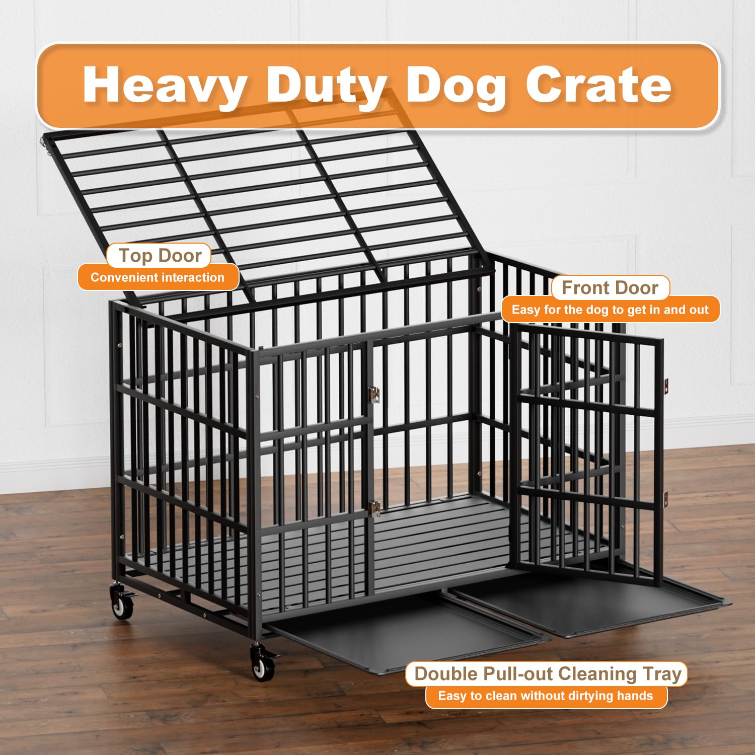 HMHTCT 48 Inch Heavy Duty Dog Crate with Wheels,Indestructible Escape-Proof Dog Kennel with Locking Latch and Double Door,Extra Large XL XXL Crate Indoor for Large and Medium Dog with Removable Tray - image 4