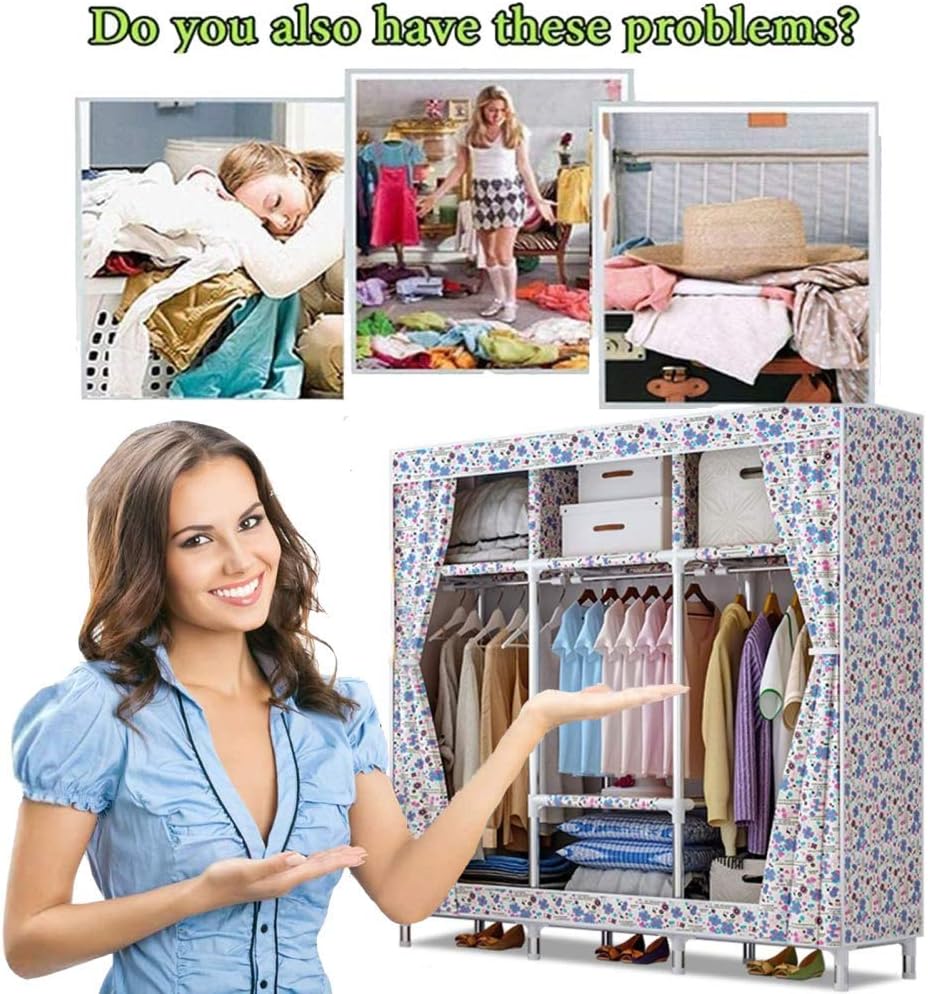Canvas Wardrobes Portable Wardrobe with Hanging Rod and 2 Shelves Quick and Easy to Install for Bedroom, Study, Clothes, Shoes, Toys,A