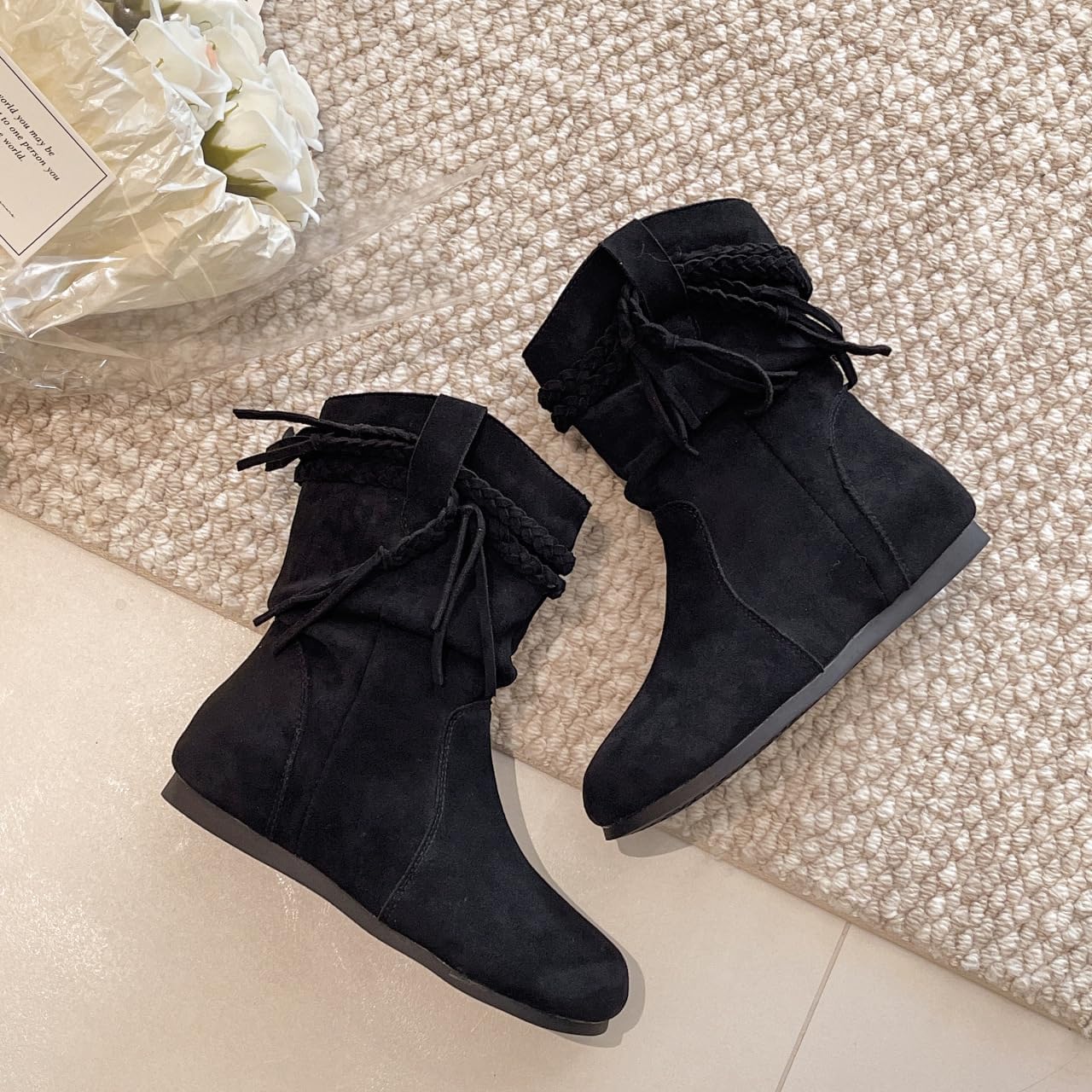 Women's Fringe Cowboy Cowgirl Boots Round Toe Pull On Dress Western Ankle Booties Retro Suede Cute Mid Calf Boots