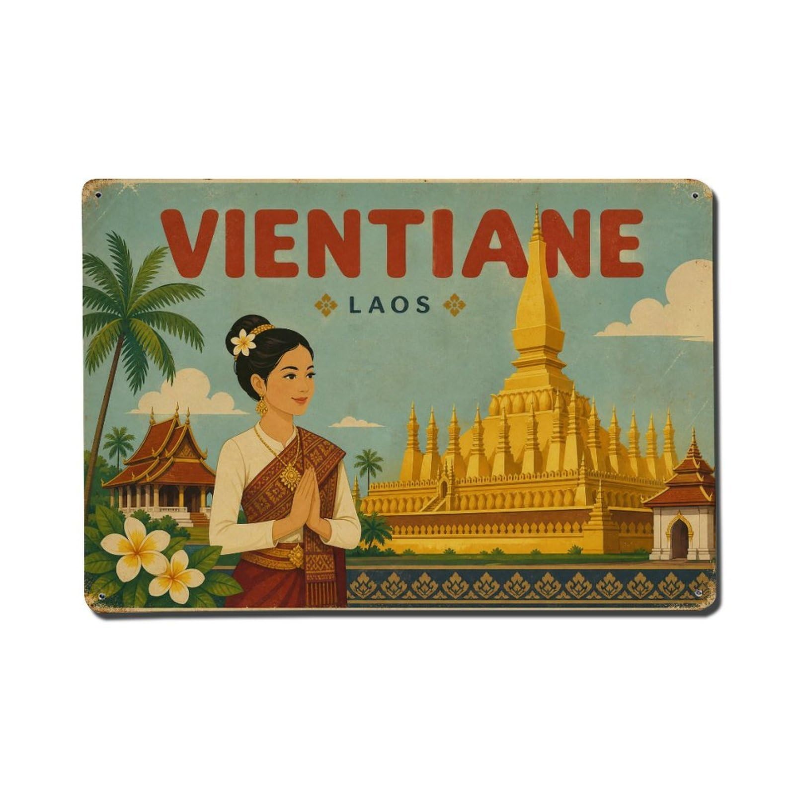 Metal Tin Sign Vintage Travel Laos Vientiane