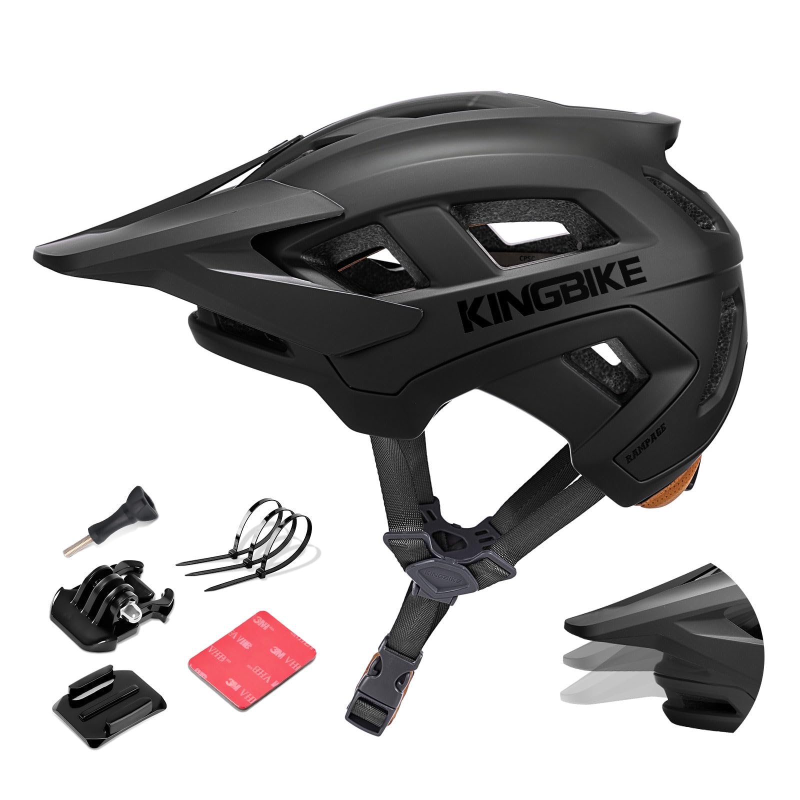 KINGBIKE Casco da mountain bike professionale con visiera regolabile a 3 livelli e supporto per action camera, casco da bicicletta MTB per adulti uomo donna NTA-8776 certificato di sicurezza e-bike