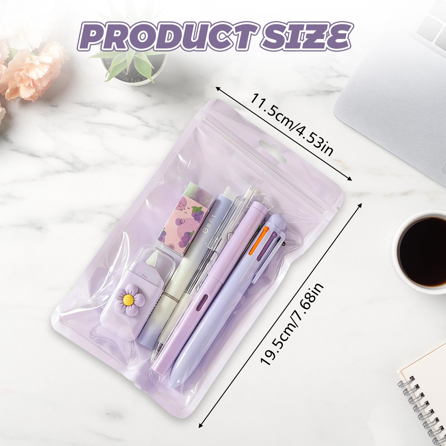 Set di 6 articoli di cancelleria viola per donne - Mini forniture kawaii per ufficio e scuola con penna a sfera, penna gel, evidenziatore, matita eterna, correttore a nastro, gomma