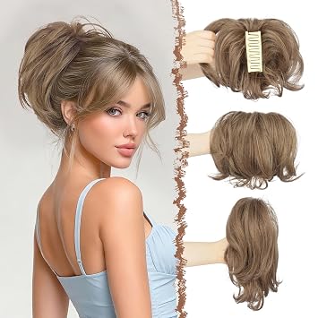 FESHFEN Claw Clip Pecan Blonde Short Ponytail Extensions - DIY Bendable Metals Fluffy Messy Bun Hair Piece Straight Synthetic Hairpieces Ponytail Extension for Women