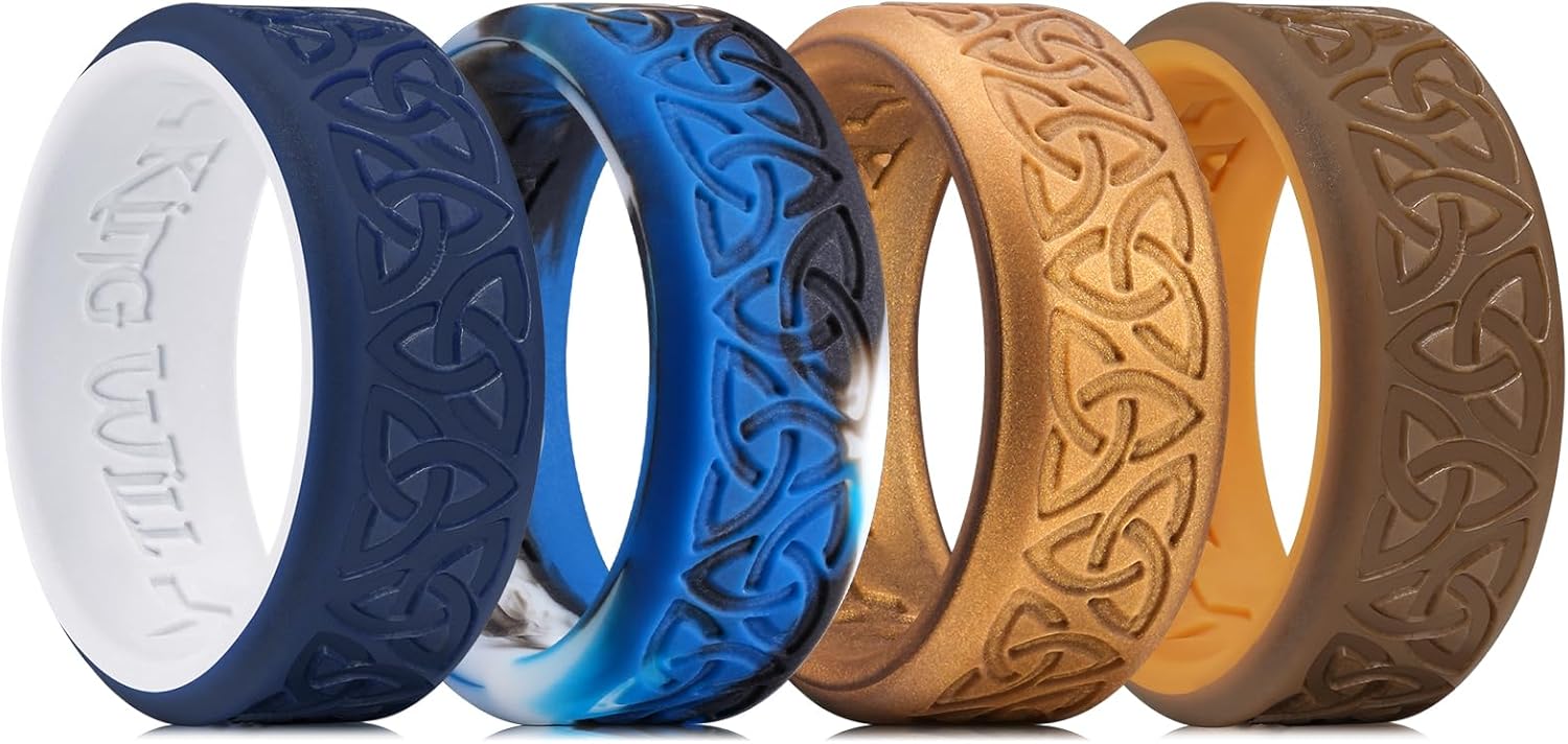 King Will Silicone Wedding Rings For Men, 4 Pack Rubber Wedding Bands with Celtic Knot Pattern, 8mm Wide 2.2mm Thick, Comfort Fit Size 13