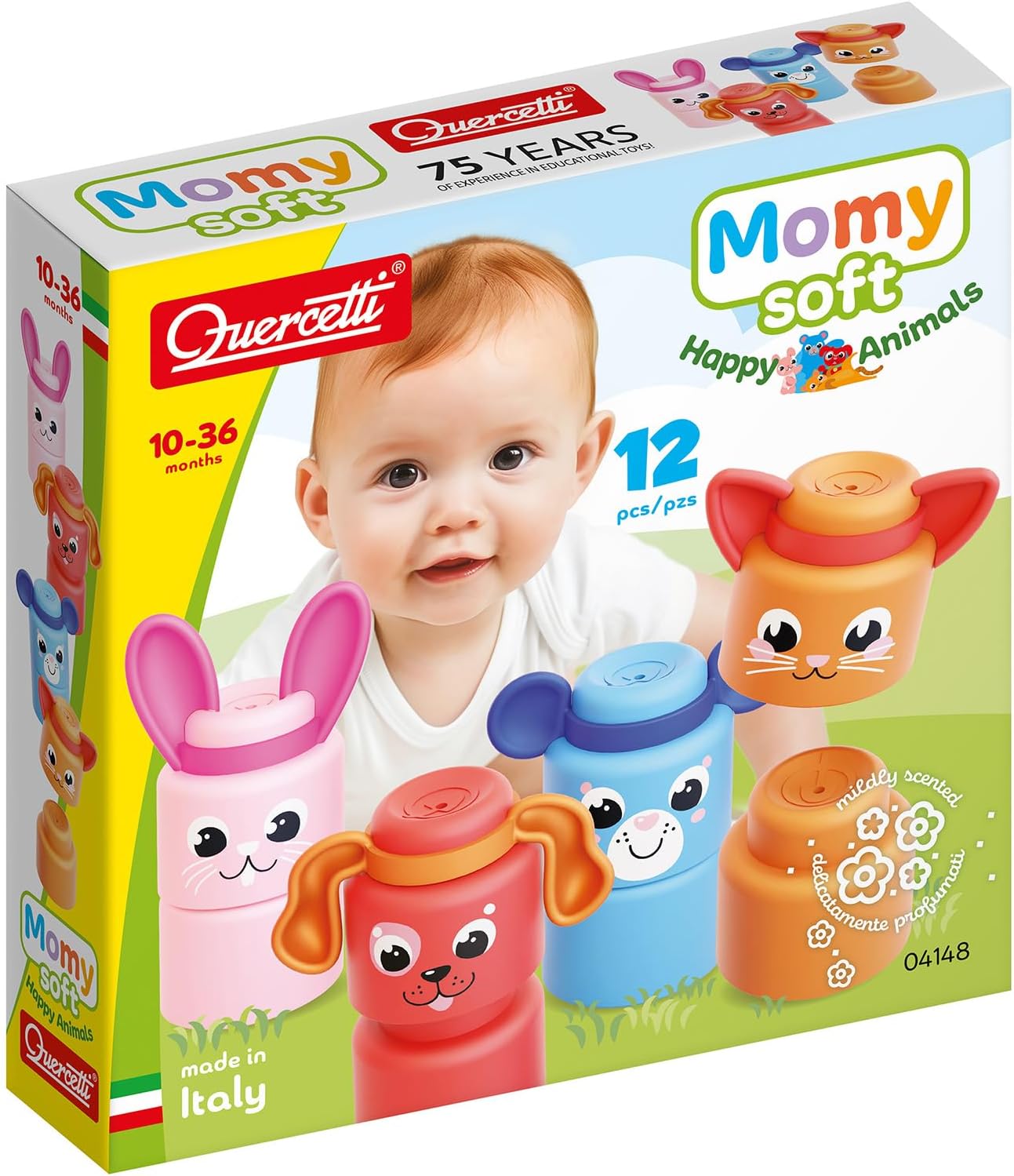 Quercetti Momy Soft Happy Animals - Educational Toy for Babies 6-36 Months, Soft Sensory and Colourful Animals