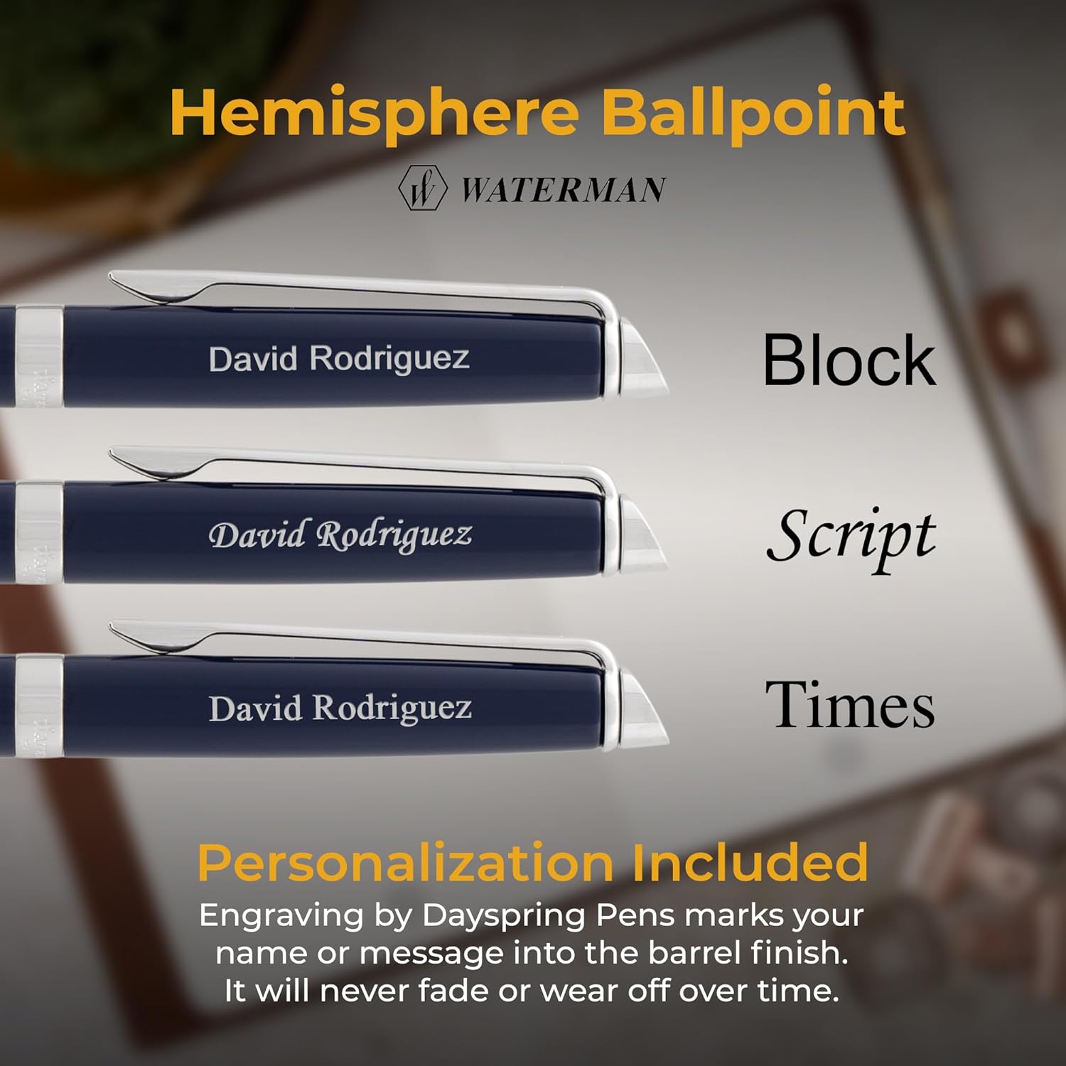 Waterman Hemisphere Engraved Twist-Action Ballpoint Pen, Blue Lacquer with Chrome Trim, Personalized Gift for Executives, Retirement, Career Advancement, Graduation, Gift Box Included