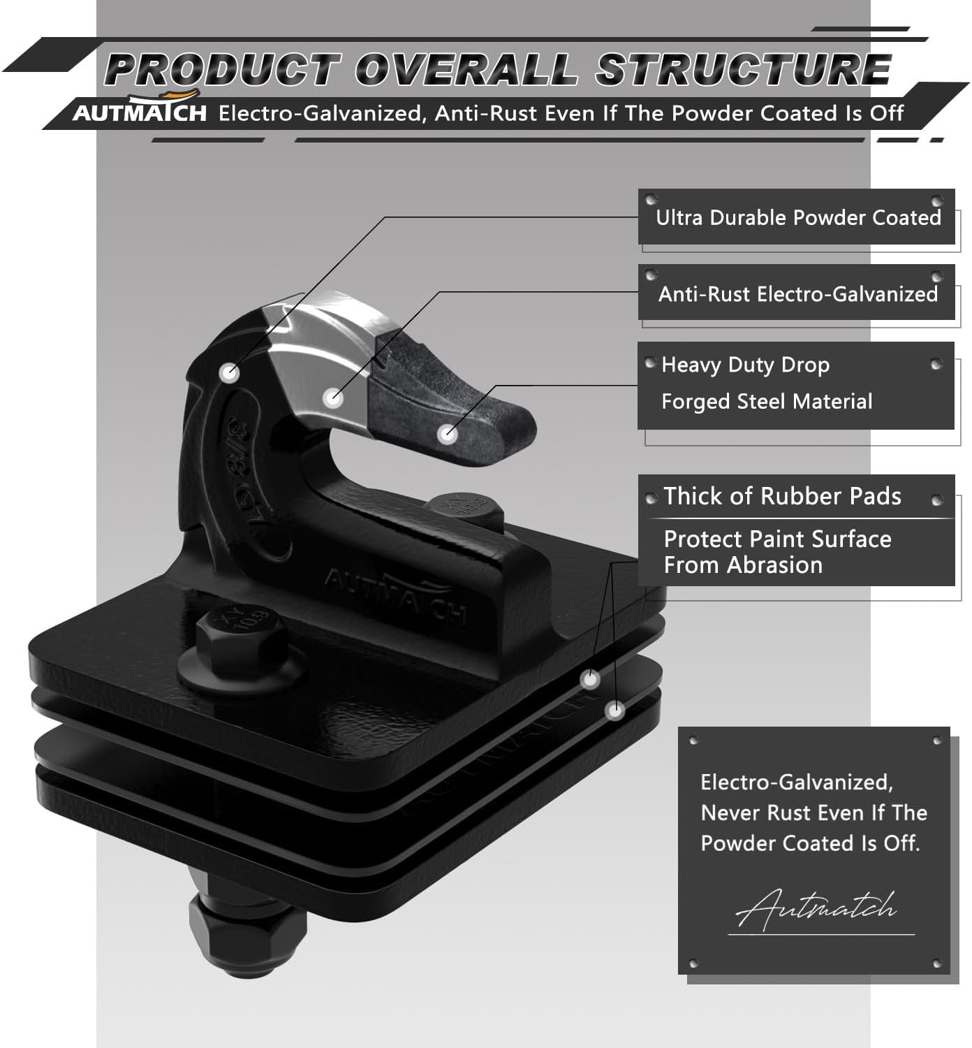 AUTMATCH Tractor Bucket Grab Hook 3/8" - Grade 70 Forged Steel Bolt On Grab Hook (2 Pack) - Max 18,000Lbs Tow Hook Mount with Backer Plate & Rubber Pad, Work for Tractor Bucket, Truck, RV, Matte Black