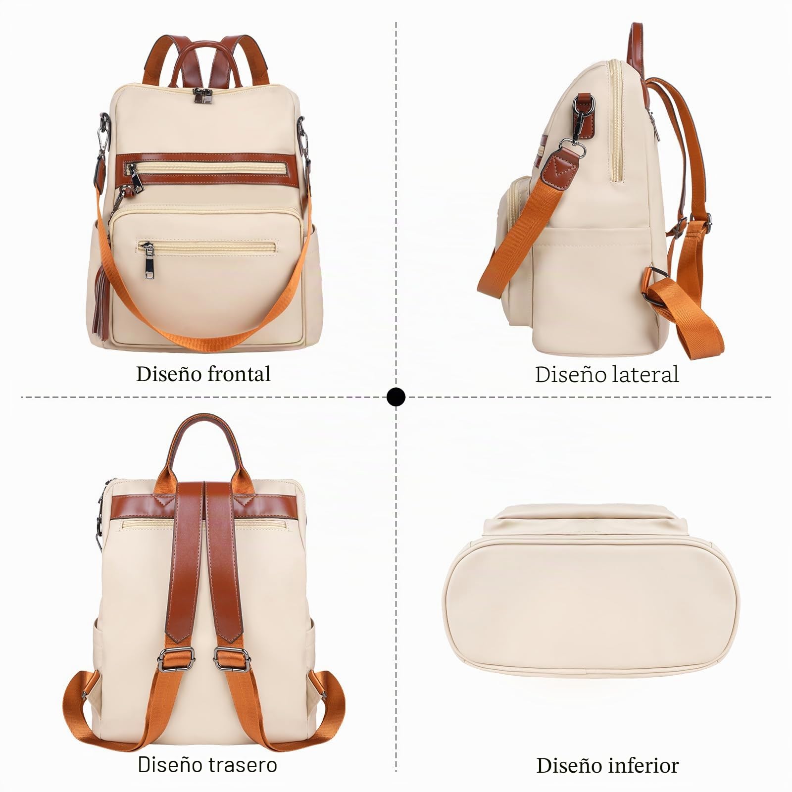 Bolso Mochila de Mujer Cuero Sintético Bolsa de viaje Bolso de Hombro Bolso Escolar de Cremalleras con Bolsillos Laterales con Borlas Viajes
