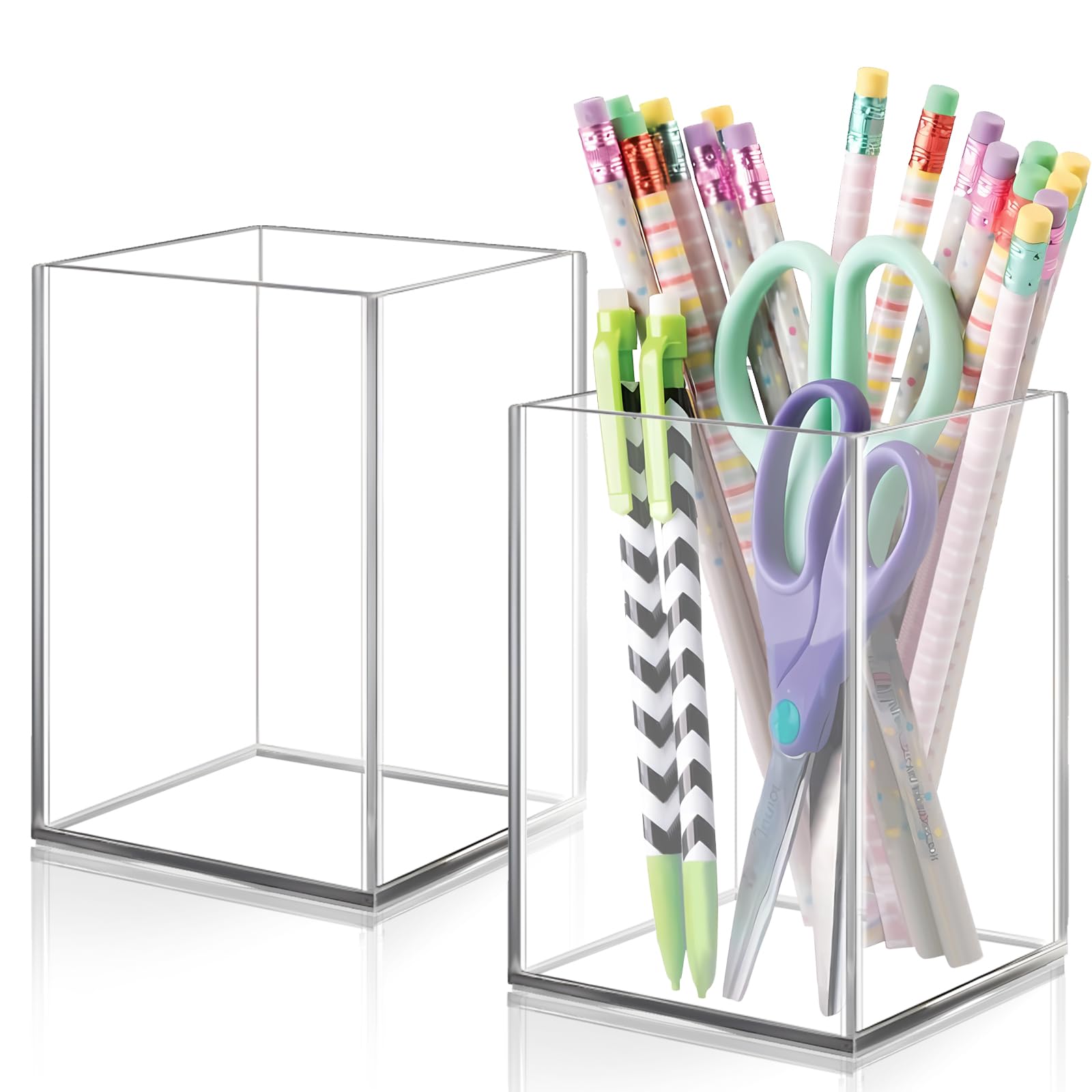 DARUITE 2 Pack Acrylic Pen Pot, Square Pen Holder for Desk, Clear Make Up Brush Holder, Desktop Stationary Organiser Pencil Pot for School, Home, Office, Kitchen