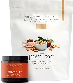 pawTree Bundle for Dogs & Cats Freeze-Dried Raw Food .5 lbs, Turkey & Gastro Pro Plus 60 ct Complete Nutrition & Digestive Support