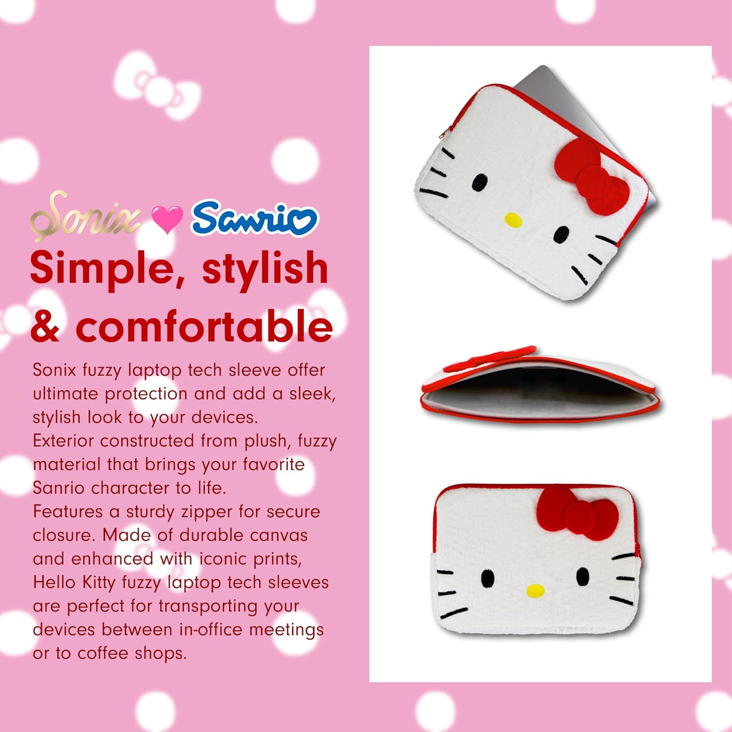 Sonix x Sanrio Plush Tech Sleeve | 14 inch Fuzzy Laptop Computer and iPad Tablet Carrying Case Cover, Protective Travel Bag | White 13" - 14" | Hello Kitty