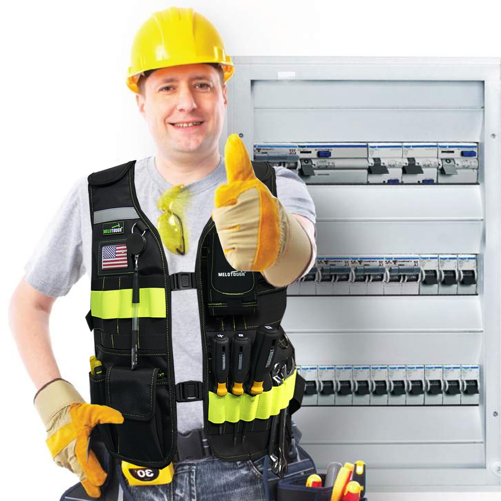 MELOTOUGH - Chaleco de trabajo de seguridad con correas ajustables, soporte extraíble para teléfono para electricista, construcción, carpinteros