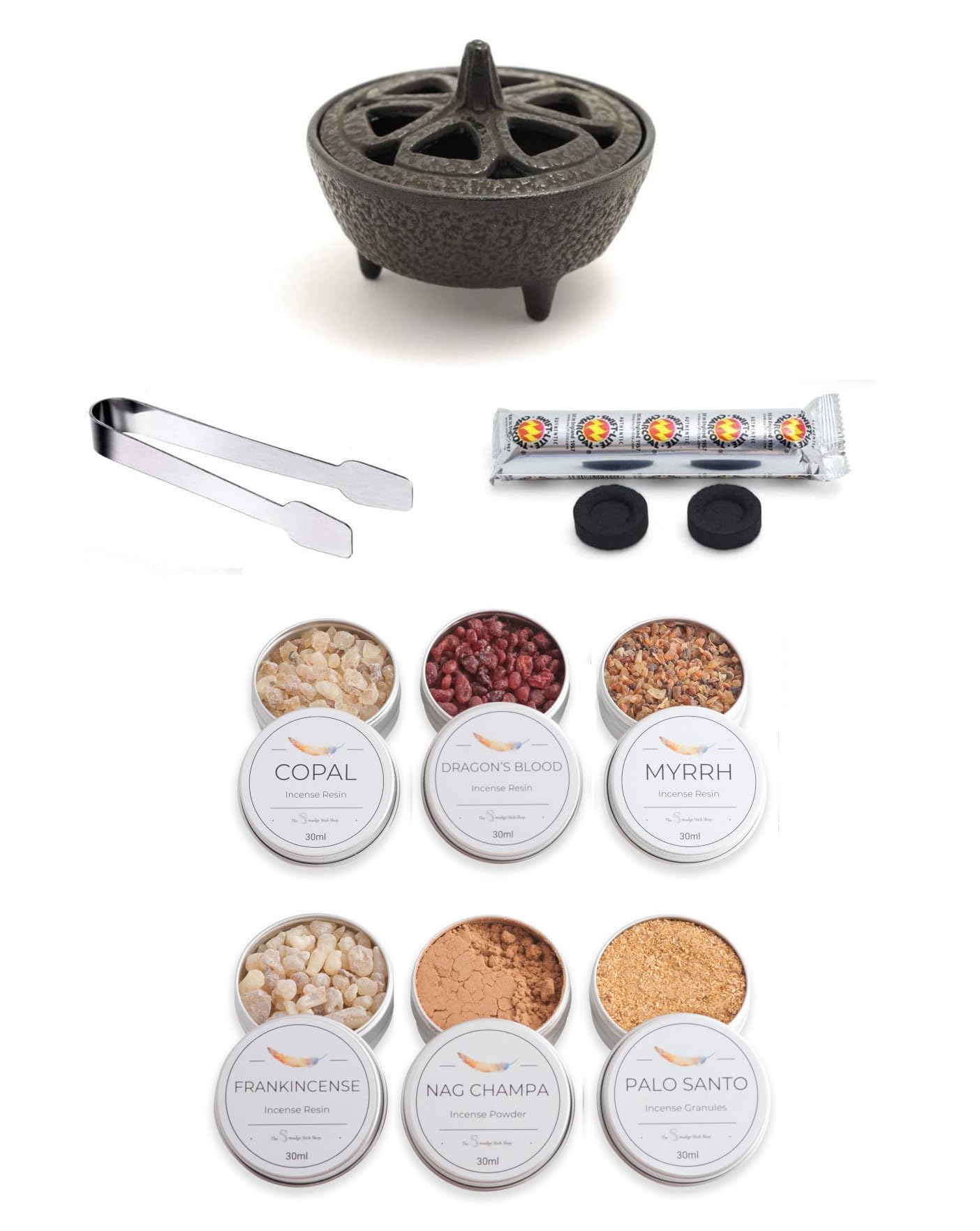 Incense Burner Kit with Cast Iron Burner, 30ml tins of fresh Incense, stainless steel tongs and charcoal discs (Collection of 6)