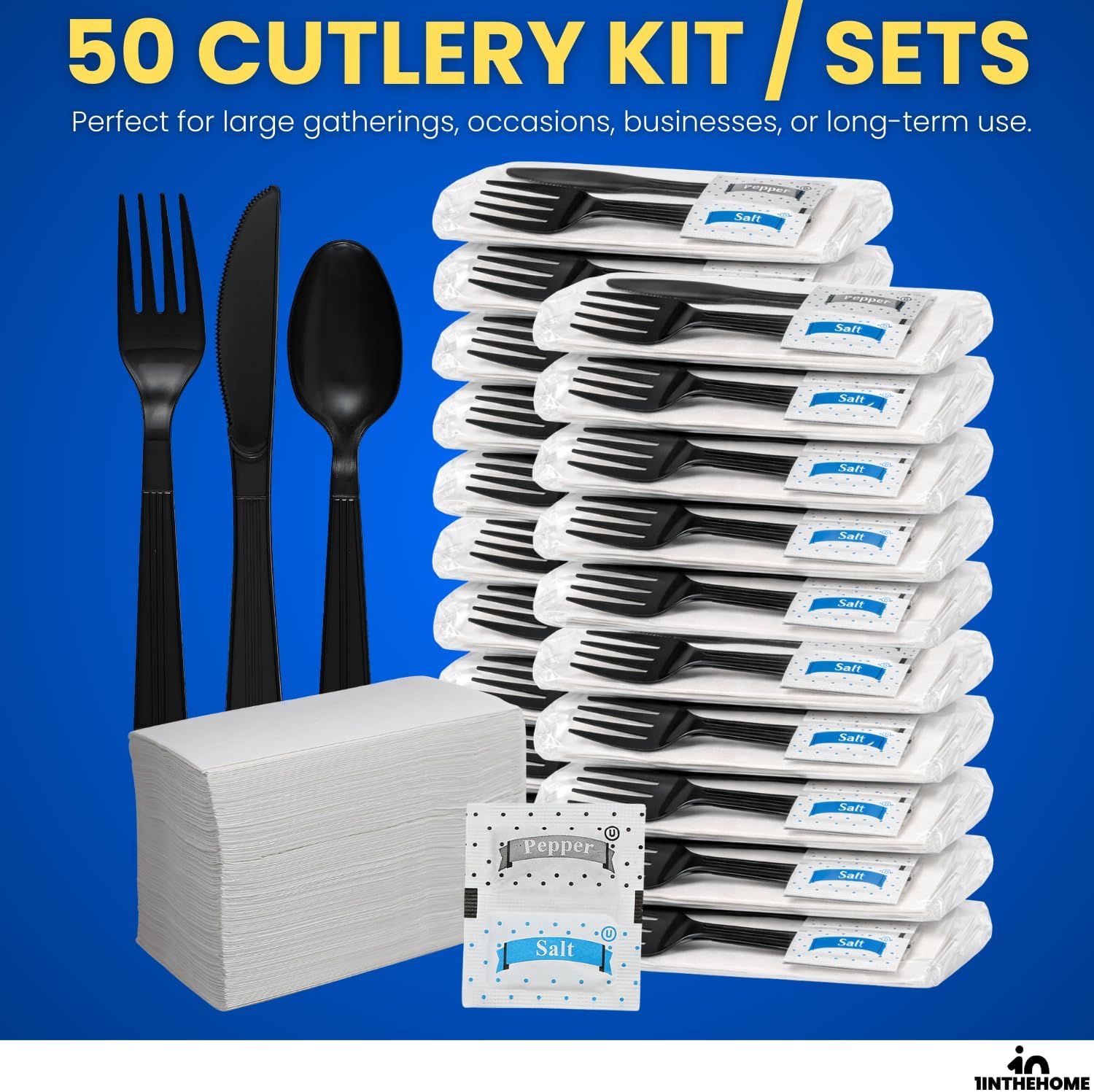 Cutlery Set Disposable Packet, Plastic Individually Wrapped Utensils Set – Knife, Fork, Teaspoon, Napkin, Salt & Pepper for (Parties, Dinners, Catering Services, Takeout) Black, 50 Pack