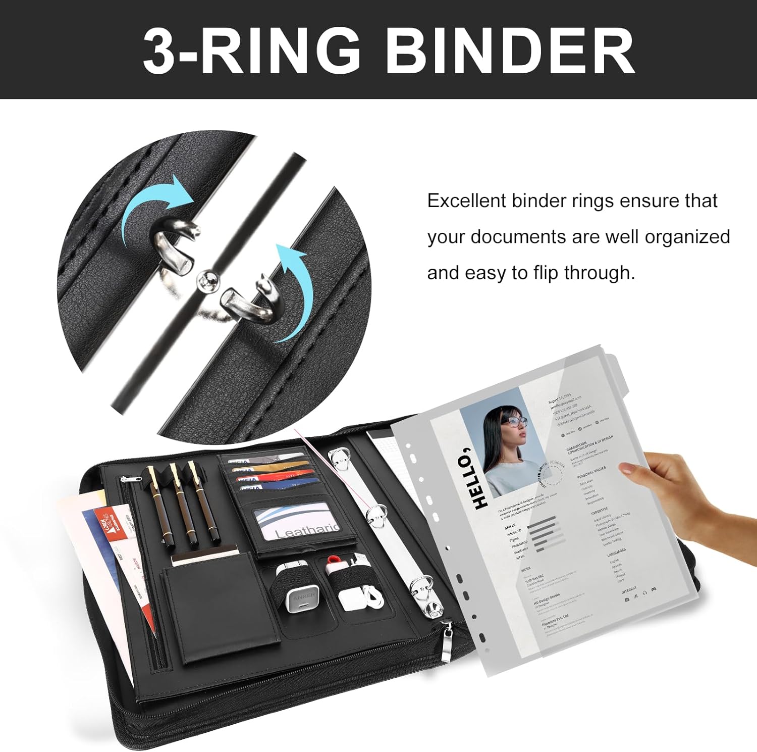 Leathario Portfolio Binder, Includes 5 Folder Index Dividers, 13 Inch Tablets Organizer with Handle, Vegan Leather A4 Padfolio, Multi-Pocket Notepad Business Planner Professional Document - Image 9