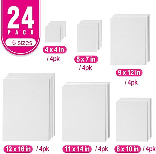 Miniatura 2 de PHOENIX Paquete de 24 lienzos para pintar 4 x 4, 5 x 7, 8 x 10, 9 x 12, 11 x 14, 12 x 16 pulgadas, 8 onzas, triple imprimación, 100% algodón,