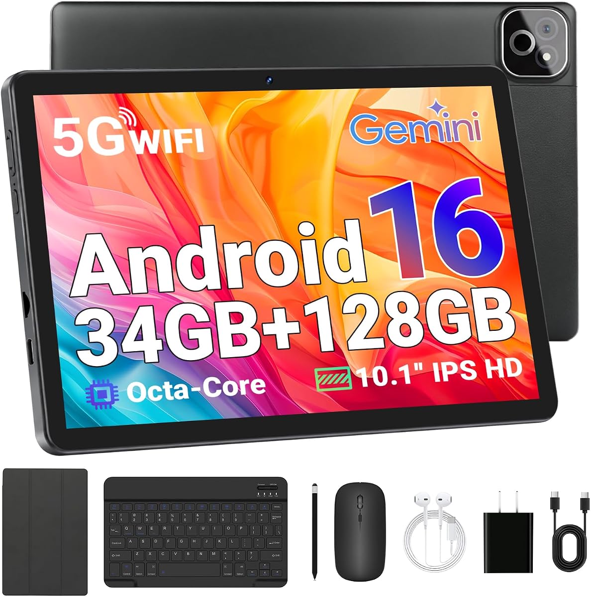 Tableta Android 16 2 en 1 con teclado, estuche para lápiz óptico, 34 GB de RAM 128 GB de 1 TB expandido, procesador Octa-Core, batería de 6000 Ah, pantalla HD Widevine L1, desbloqueo facial de doble cámara, paquete de tabletas WiFi 6 BT 5.4