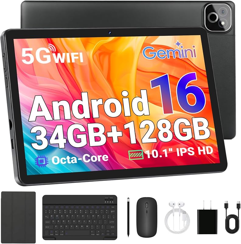 Tableta Android 16 2 en 1 con teclado, estuche para lápiz óptico, 34 GB de RAM 128 GB de 1 TB expandido, procesador Octa-Core, batería de 6000 Ah, pantalla HD Widevine L1, desbloqueo facial de doble cámara, paquete de tabletas WiFi 6 BT 5.4
