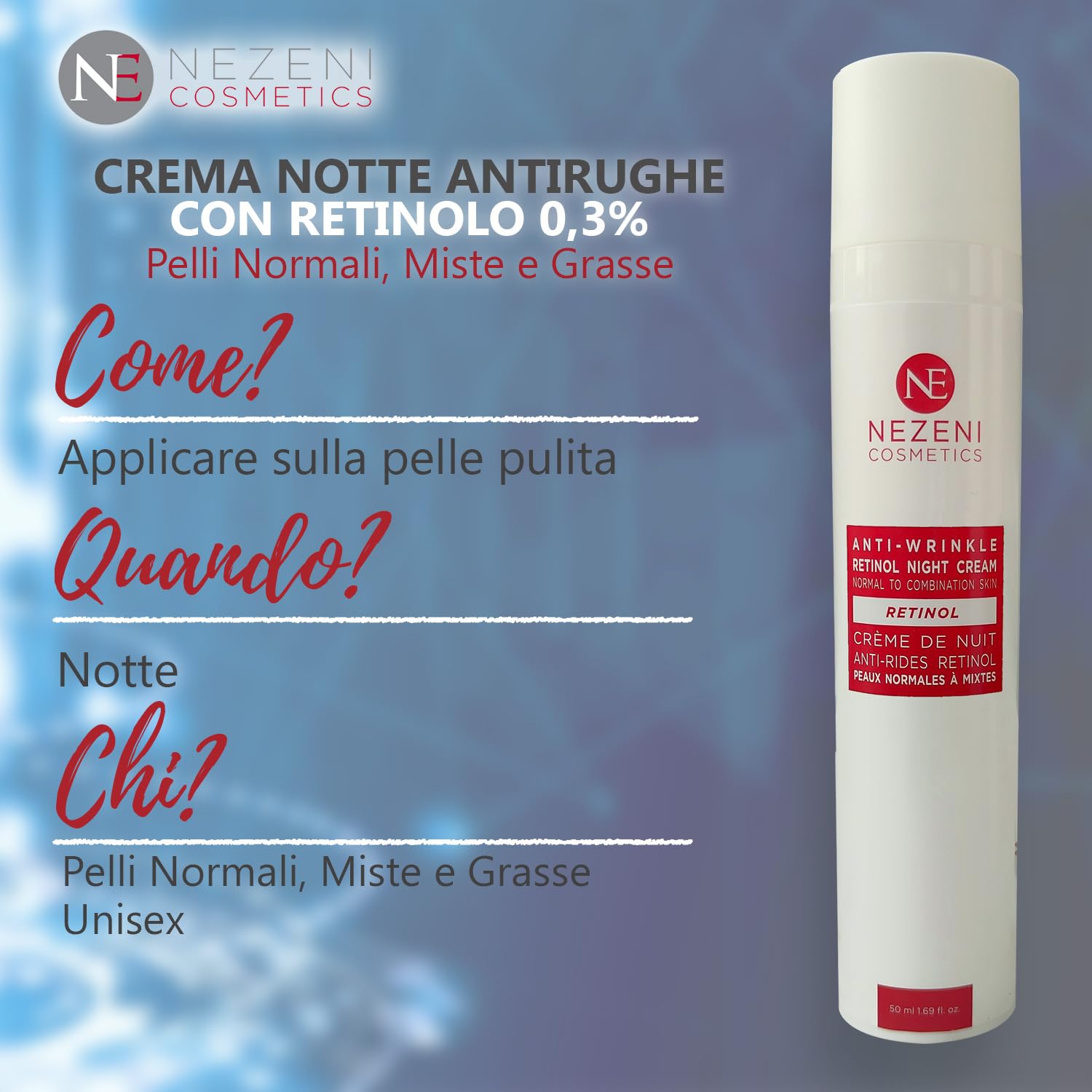 Nezeni Crema Notte 0,3% RETINOLO PURO Antirughe Donna/Uomo 27 Ativi | Riempitivo per Rughe Profonde con Acido Ialuronico | Crema Rassodante Viso, Collo e Décolleté | Pelle Normale, Grassa e Mista