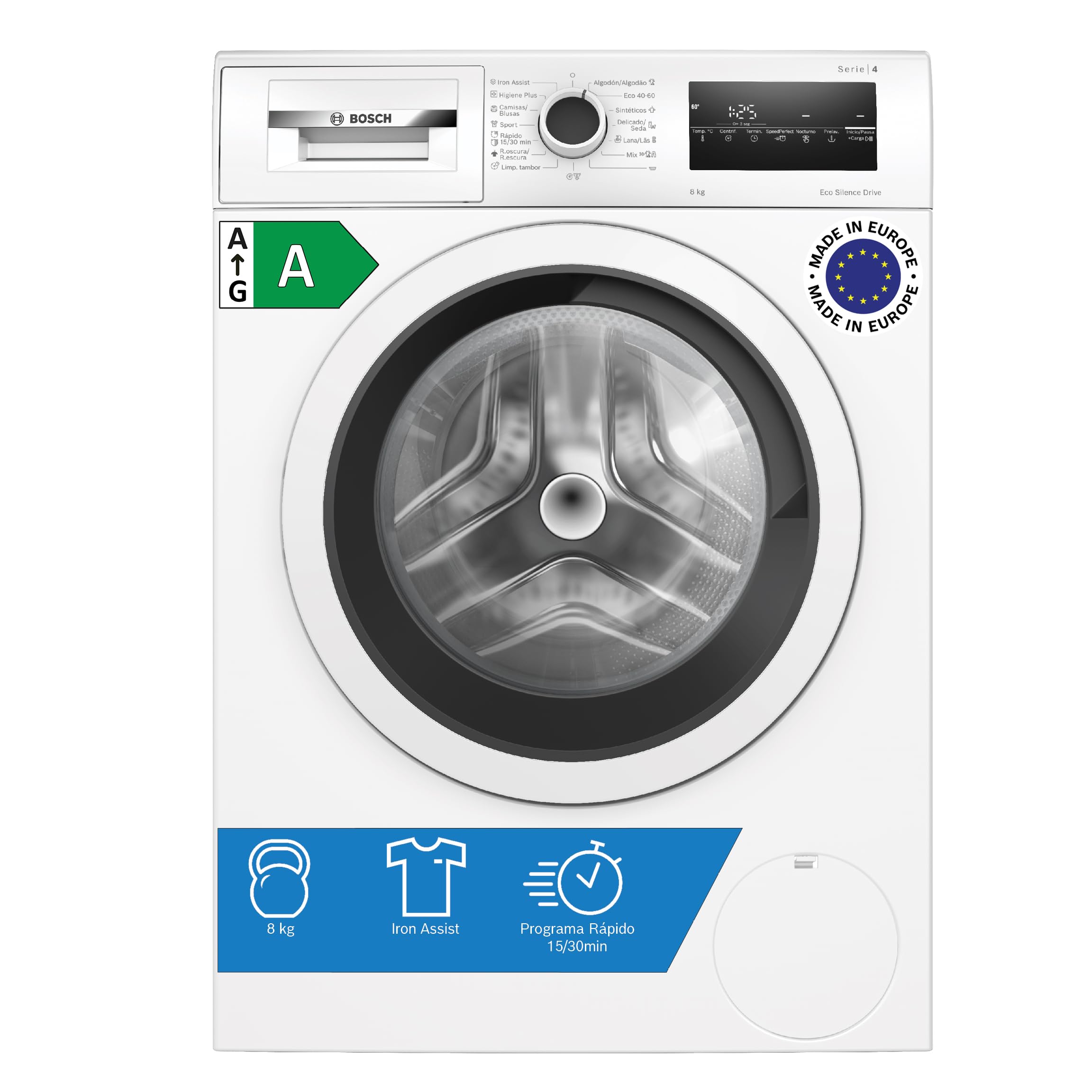 Bosch - Lavadora Libre Instalación, 8 kg, 1200 RPM, Serie 4, Función Pausa + Carga, Iron Assist, Motor EcoSilence, Blanco, WAN24272ES