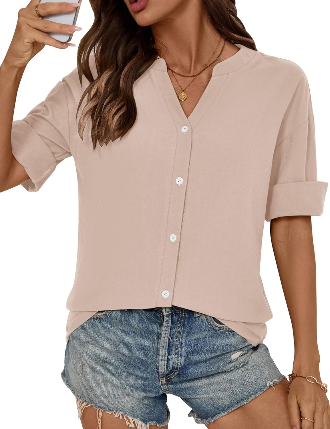 LOMON Womens 3/4 Sleeve Button Down Shirts Cotton Linen Roll Up Short Sleeve Tops V Neck Casual Loose Fit Blouses - Image 4