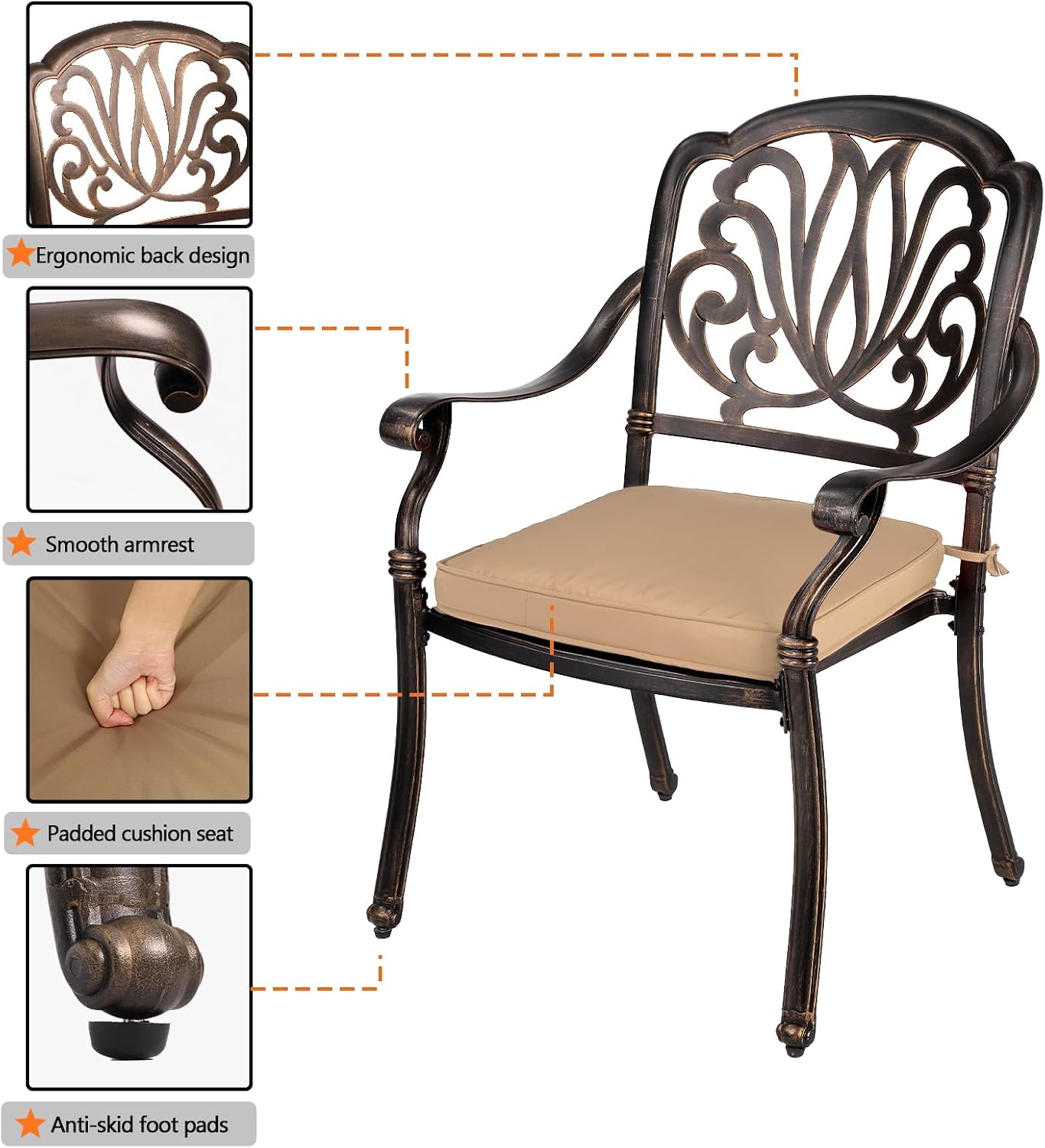 9 Piece Outdoor Patio Dining Set Cast Aluminum Patio Furniture Set Conversation Set for Backyard Garden Deck Poolside(1 Rectangular Table and 8 Floral Chairs W/Khaki Cushion)