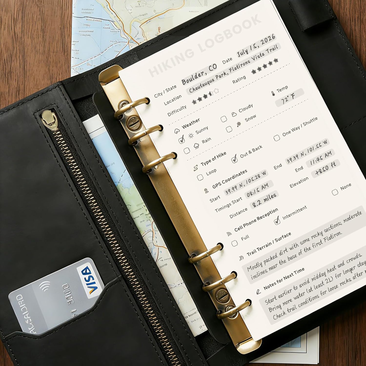 Hiking Logbook, Hiking Journal with Prompts to Write in, Compact A6 Travelers Notebook with Refillable Pages & Card Slot, Perfect Hiking Gift for Women