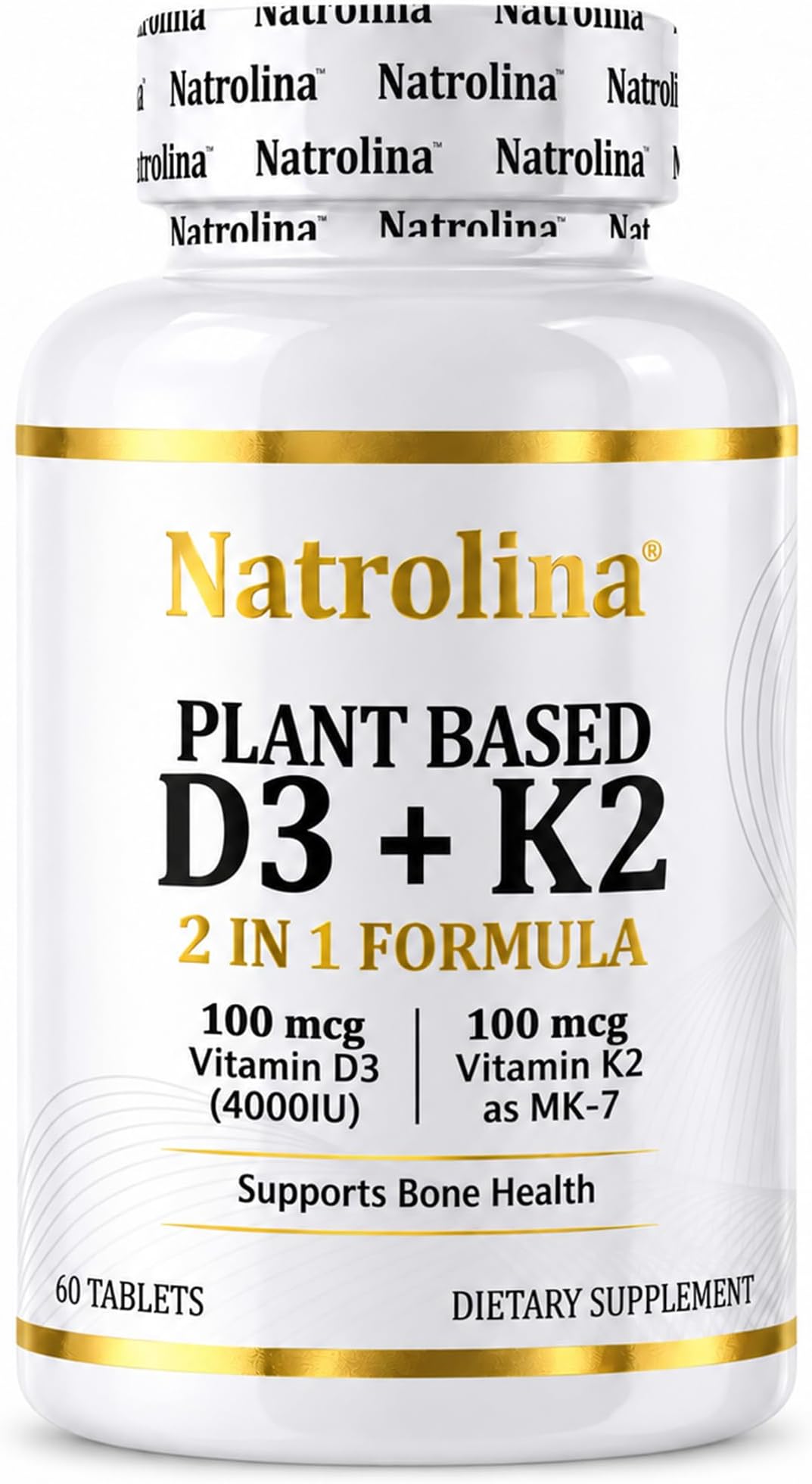 Natrolina Plant-Based Vitamin D3 + K2 Supplement - 60 Tablets | Enhances Immune Defense, Cardiovascular and Brain Health | Strengthens Bone Density, Muscle Function & Calcium Absorption | Non-GMO