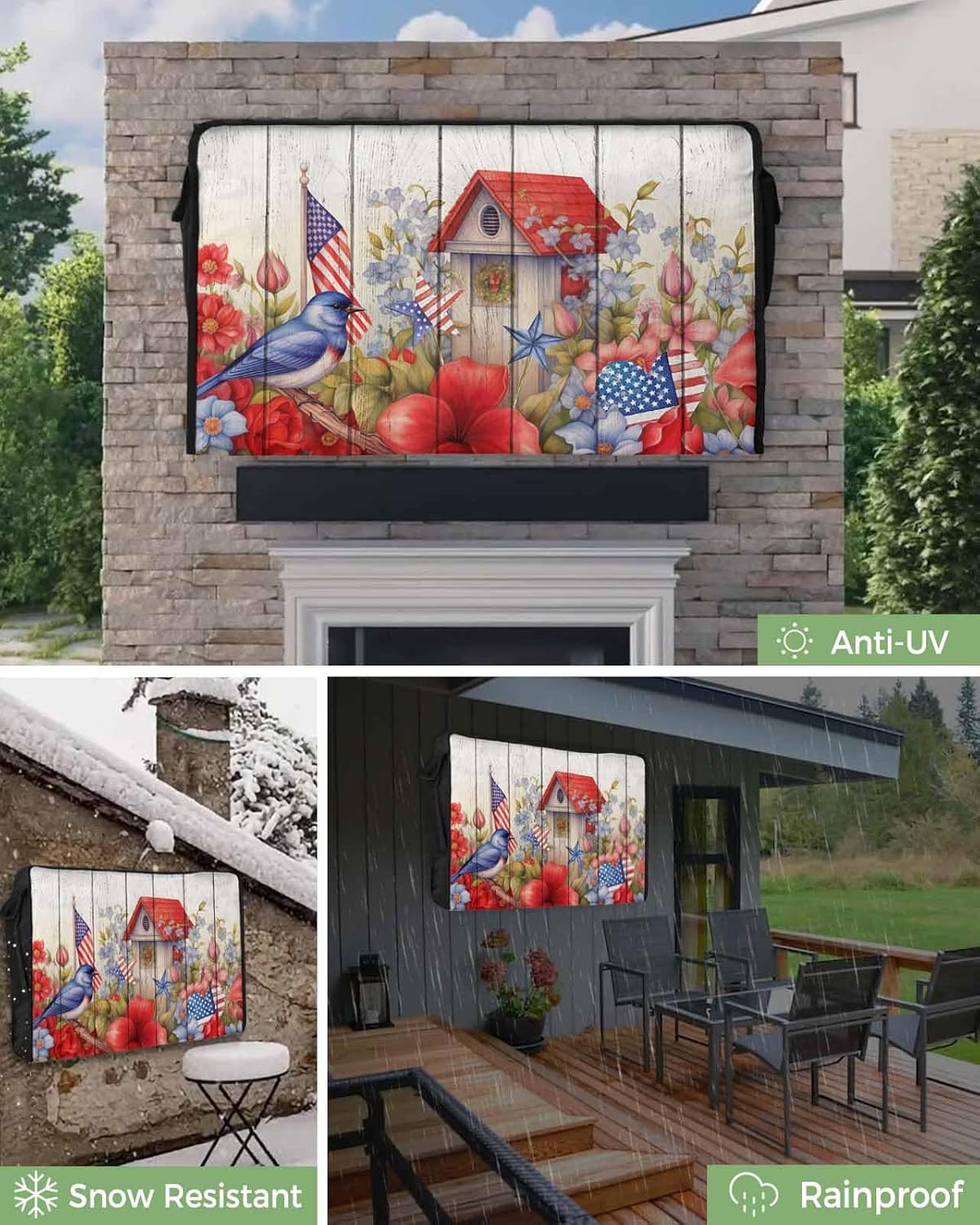 4th of July Outdoor TV Cover 75 Inch American Flag Patriotic TV Enclosure Independence Day Memorial Flower Wood Grain TV Covers for Outside TV Display Screen Protector with Remote Control Pocket