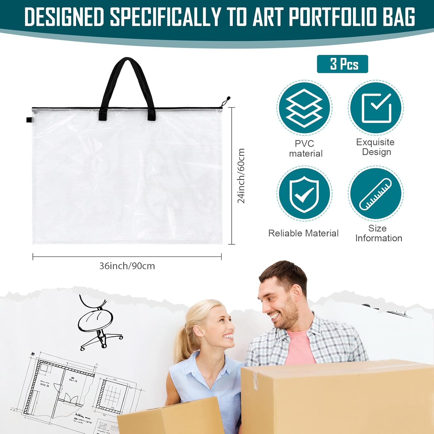 Cunno 3 Pieces Art Portfolio Case 24 x 36 Inch Large Art Storage Bag Portfolio Case Poster Storage Bag with Zipper and Handle Clear Organizer Folder for Back School Large Paintings Artwork (Black)