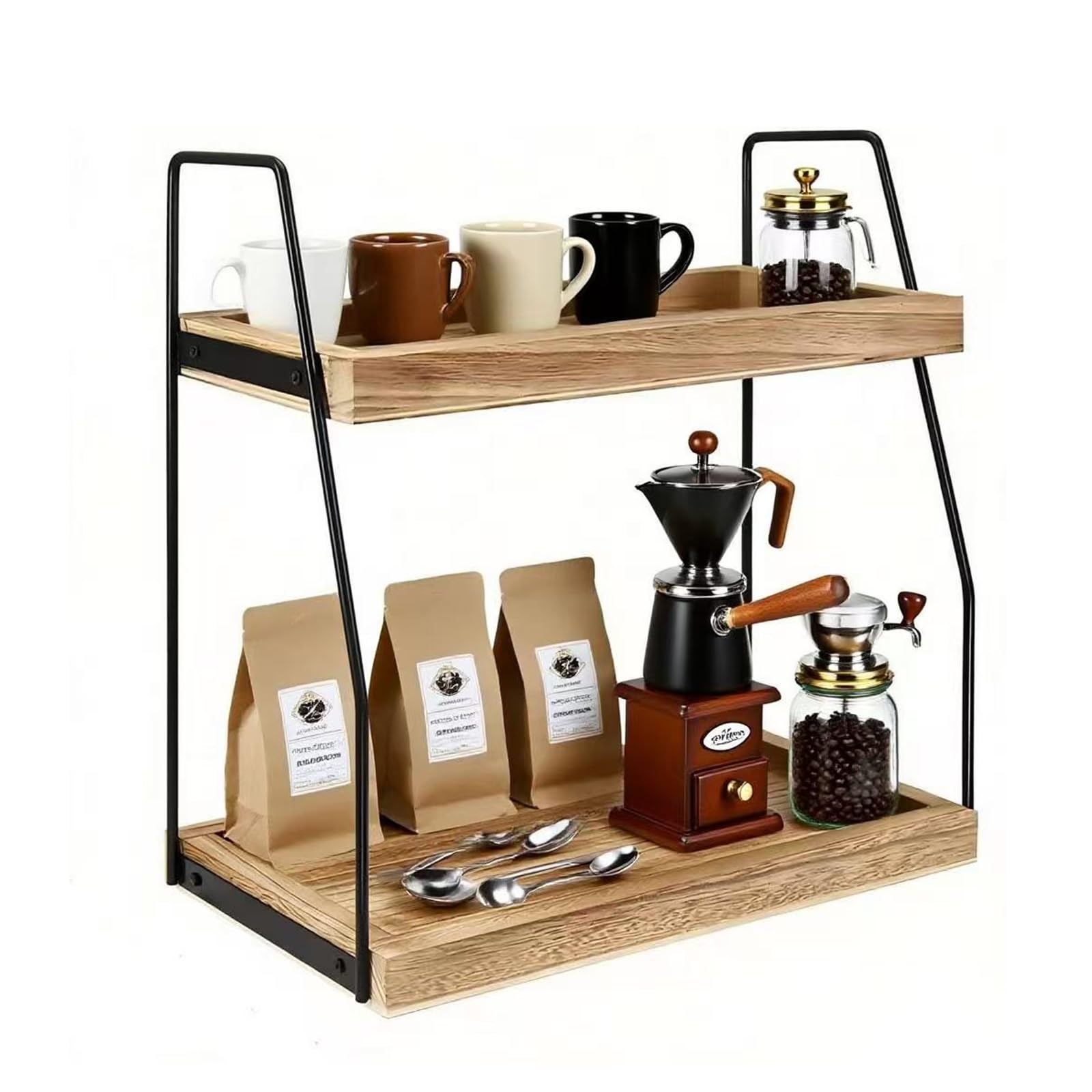 Yedcsdk 2 Tie Coffee Station Organizer for Countertop, Coffee Bar Accessories Organizer, Coffe Condiment Storage, Wooden Kitchen Counter Shelf for Bathroom, Kitchen, Office