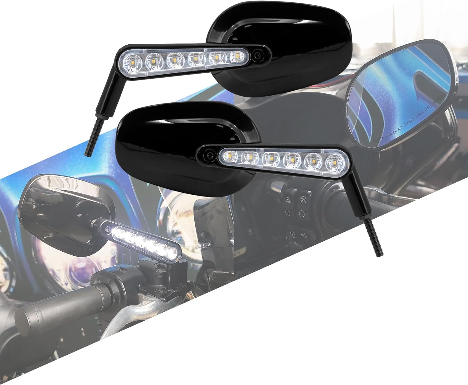 Motorcycle Muscle Rear View Mirrors with LED Turn Signals Running Light Fit For Harley VROD V-Rod VRSCF Road King Sportster (Gloss Black Clear Lens)