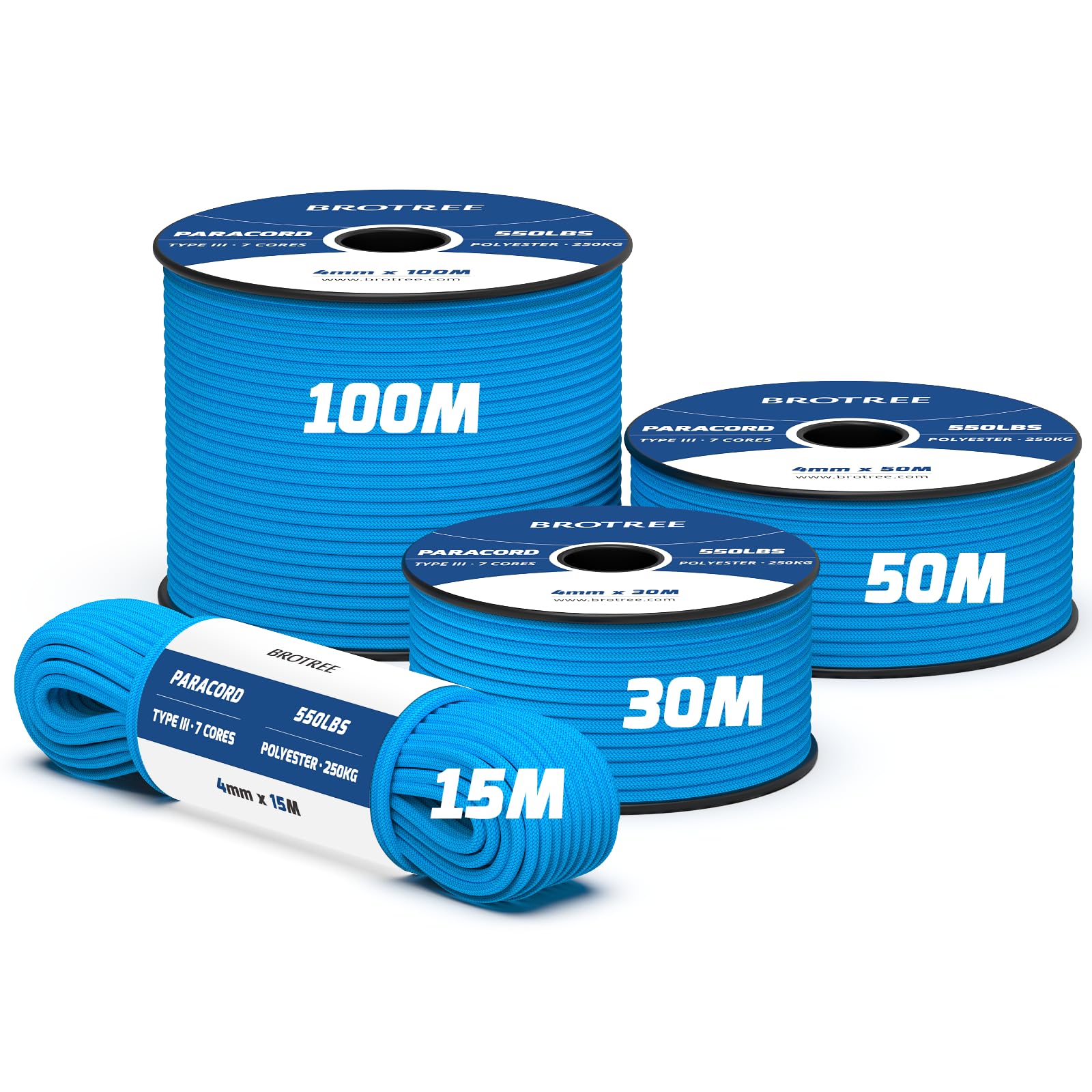Brotree 550 Paracord 4mm 30m Rope Type III 7 Strands 100% Polyester Parachute Cord for Crafting, Camping, Outdoor, Survival - Blue