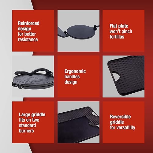 Miniatura 4 de Victoria Paquete de prensa de tortilla de grado comercial de 10 pulgadas con plancha de hierro fundido de 20 x 14 pulgadas